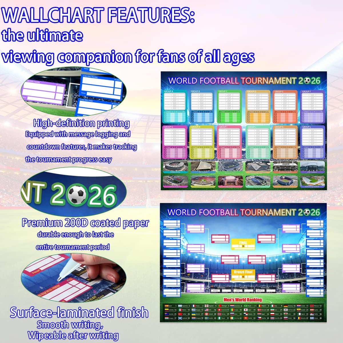 2PCS World Cup Football 2026 interactive Foldable Poster Handwritten Watercolor Pen Team Information and World Cup Football Match Schedule Chart Bedroom Gymnasium Wall Display Fan Poster Gift 58x42cm — view 3