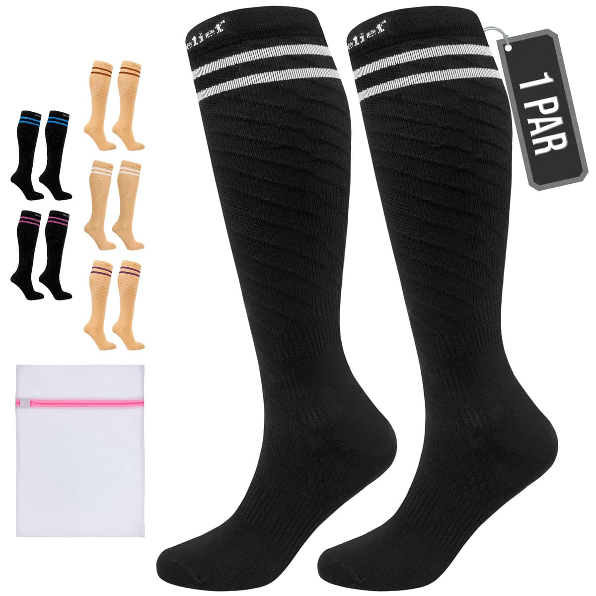 360 Relief Medias de Compresión Mujer y Hombre - 1 Par Calcetines de Compresión para Deportes, Correr, Volar, Viaje, Trabajo, Footing - S/M Beis con Bolsa de Malla — view 88
