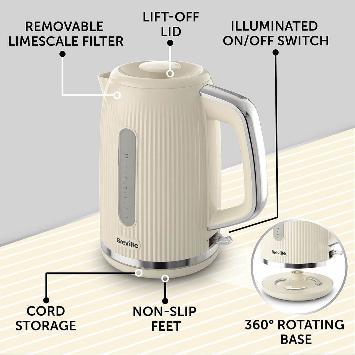 Breville Bold Vanilla Cream Electric Kettle | 1.7L | 3kW Fast Boil | Cream & Silver Chrome [VKT223] — view 5