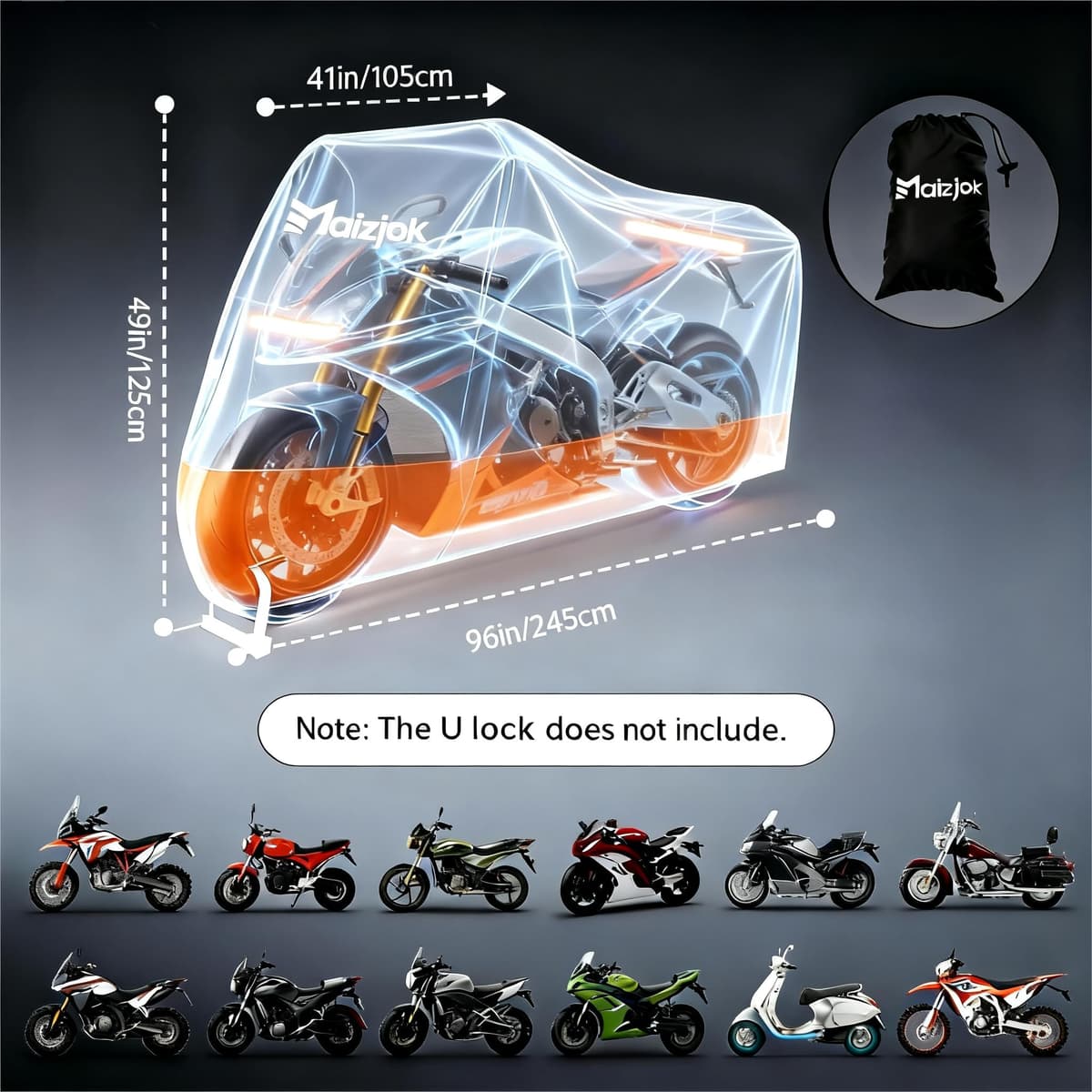 Maizjok® Motorbike Cover Waterproof Outdoor, Motorcycle Cover Heavy Duty 210D Rain UV Dust Indoor, All Weather Covering for Scooter Moped Street/Off Road/Scrambler Motorbike (96.5 x 41.3 x 49.2 in) — view 5