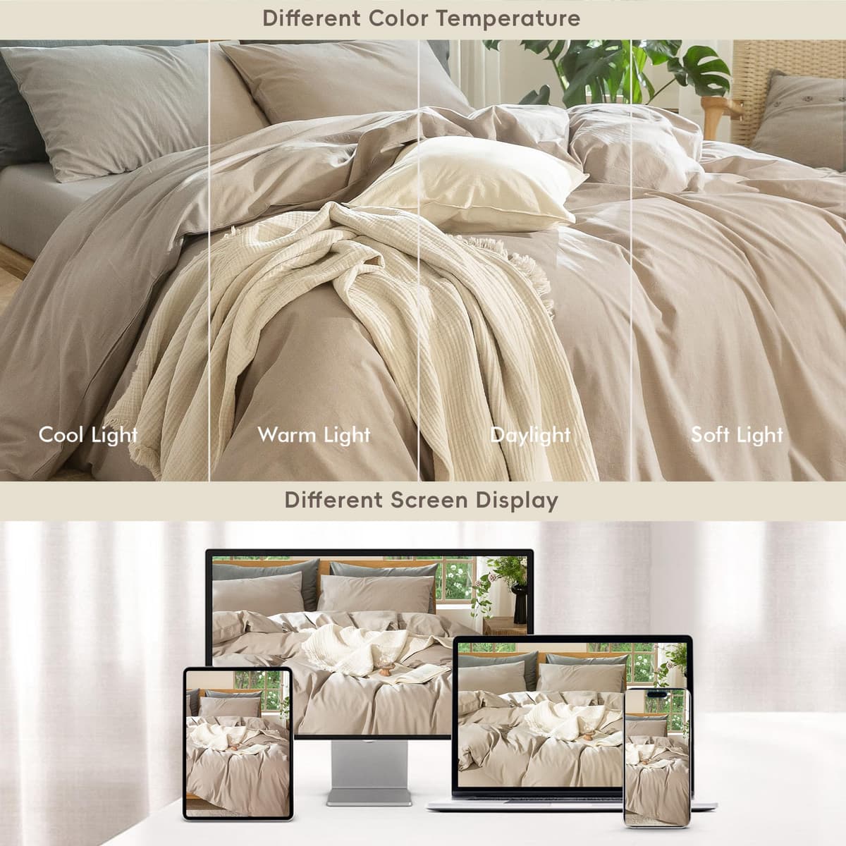 MooMee Bedding Duvet Cover Set 100% Washed Cotton Linen Like Textured Breathable Durable Soft Comfy (Tannish Linen Grey, King) — view 70