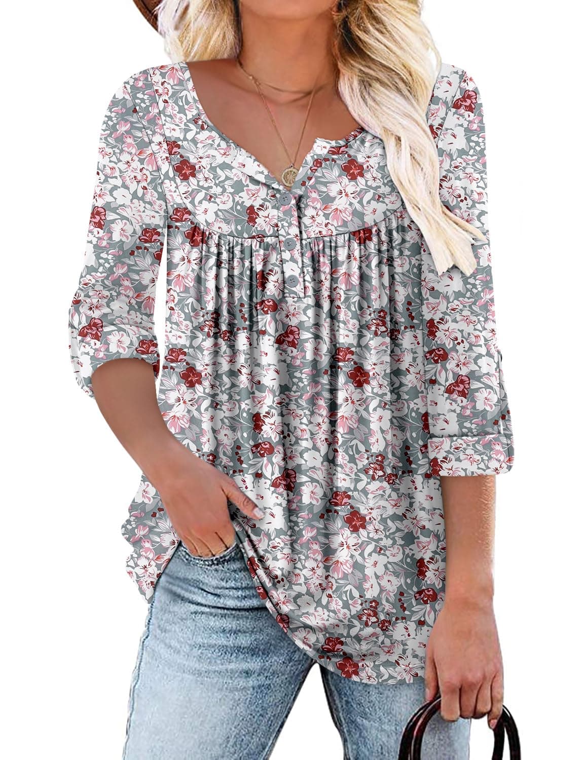 KISSMODA Ladies Pleated Tunic Tops for Women Buttons up Long Sleeve Shirts Floral Print — view 10