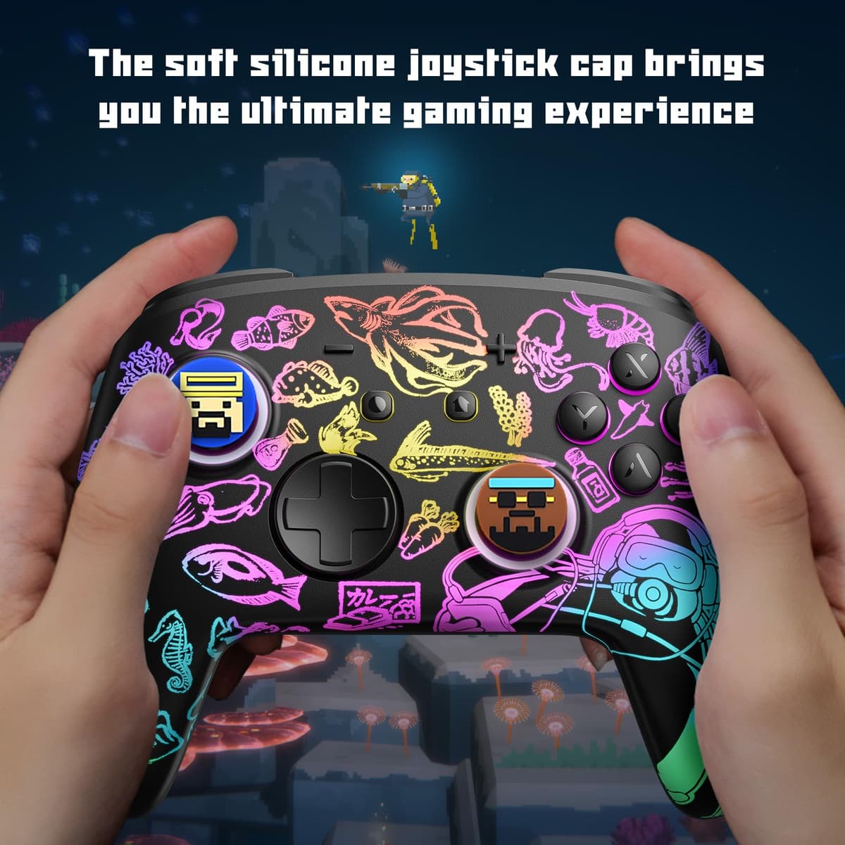 Funlab x Dave the Diver Jointly-Designed Switch 2 Silicone Thumb Grips Caps, Button Covers, Joysticks Anti-Slip Cap Analog Stick Cover, Comfortable Grip Button Caps for Switch 1 Pro Controller (4PCS) — view 2