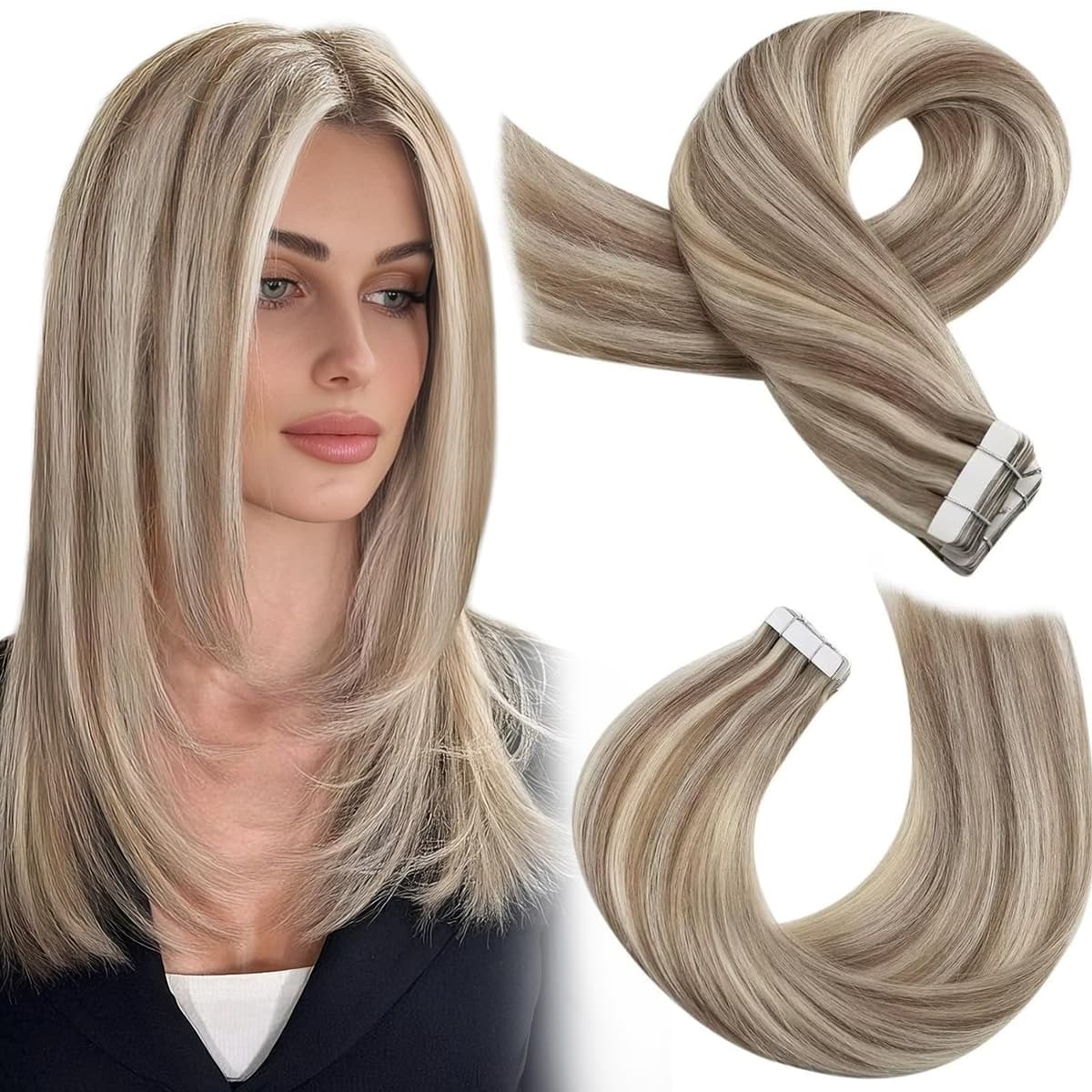 Moresoo Tape in Human Hair Extensions 20 Inch Highlight 50g/20pcs Tape in Hair Extensions Human Hair Ash Blonde with Platinum Blonde #P18/613 — view 66