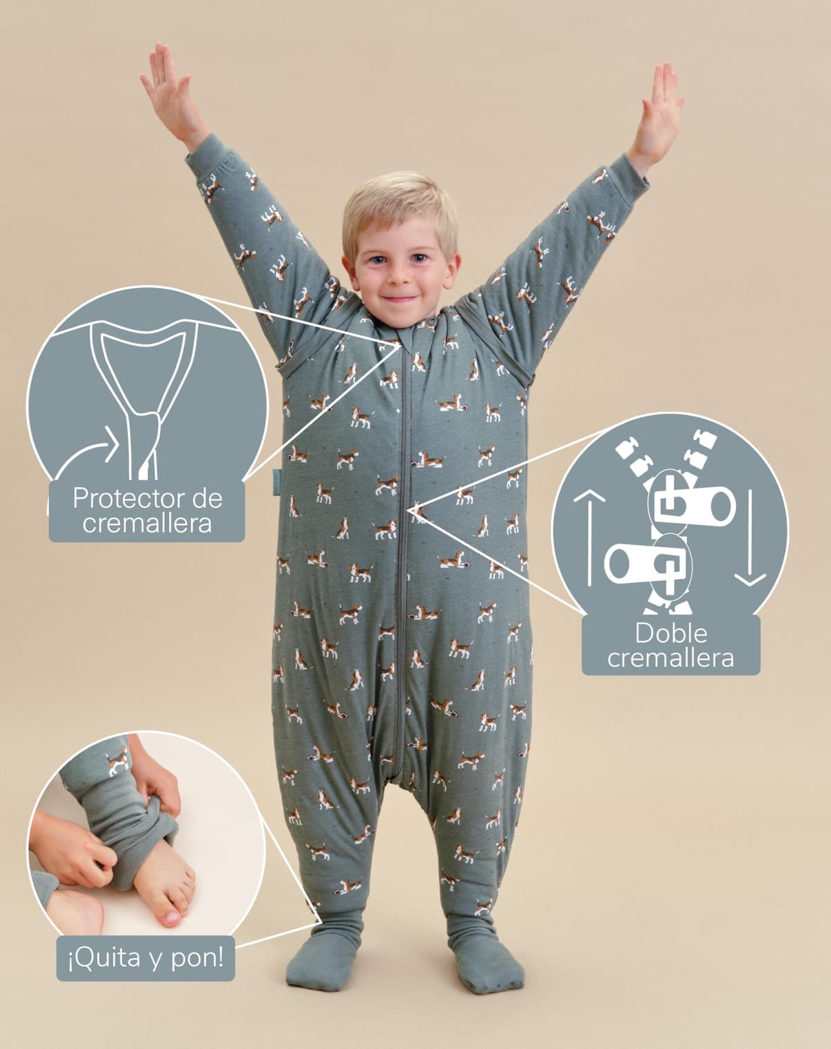 molis&co. Pijama Manta con Mangas Desmontables, Calcetines Antideslizantes, TOG 2.5 Estampado Beagle, Algodón 100%, Oeko-Tex 100 Certificado, 1 año — view 3