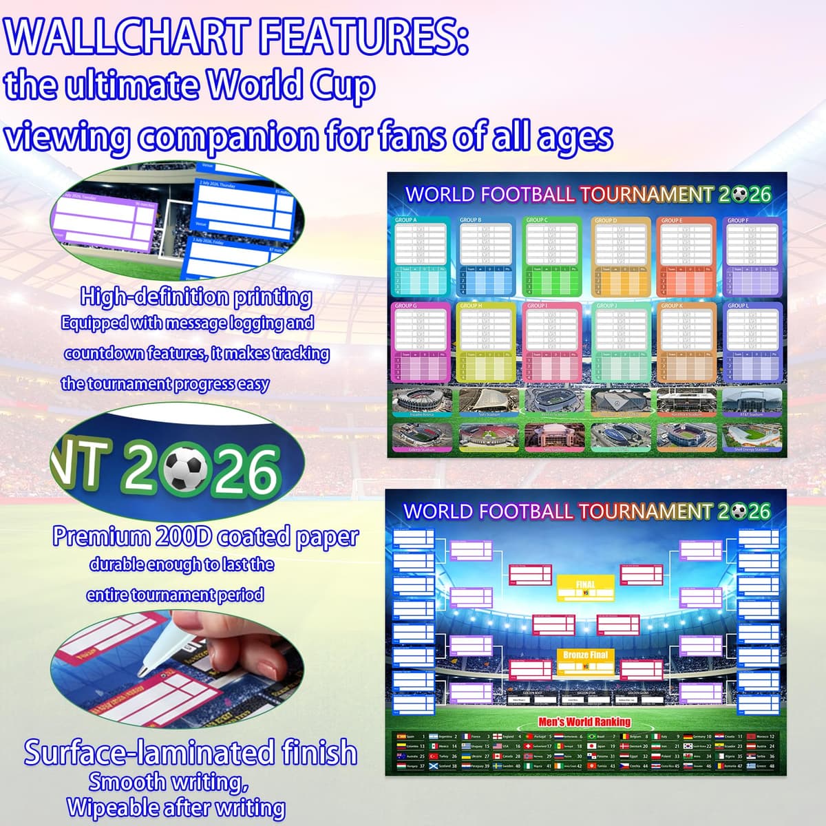 2PCS World Cup Football 2026 Foldable Poster 58x42cm Team Information and World Cup Football Match Schedule Chart One Handwritten Watercolor Pen Bedroom Gymnasium Wall Display Fan Poster Gift — view 3