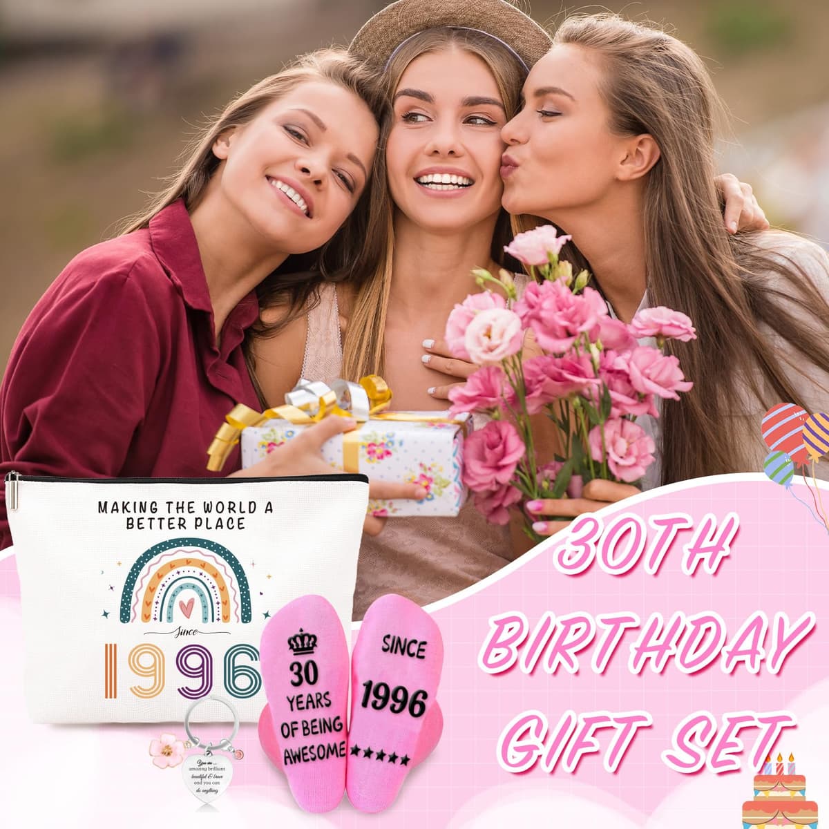 Funny 30th Birthday Gifts for Women – Retro Water-Resistant Makeup Bag, Personalized Socks & Inspirational Keychain, Cute 30th Birthday Gift Set for Bestie, Sister, Friend(1996) — view 5