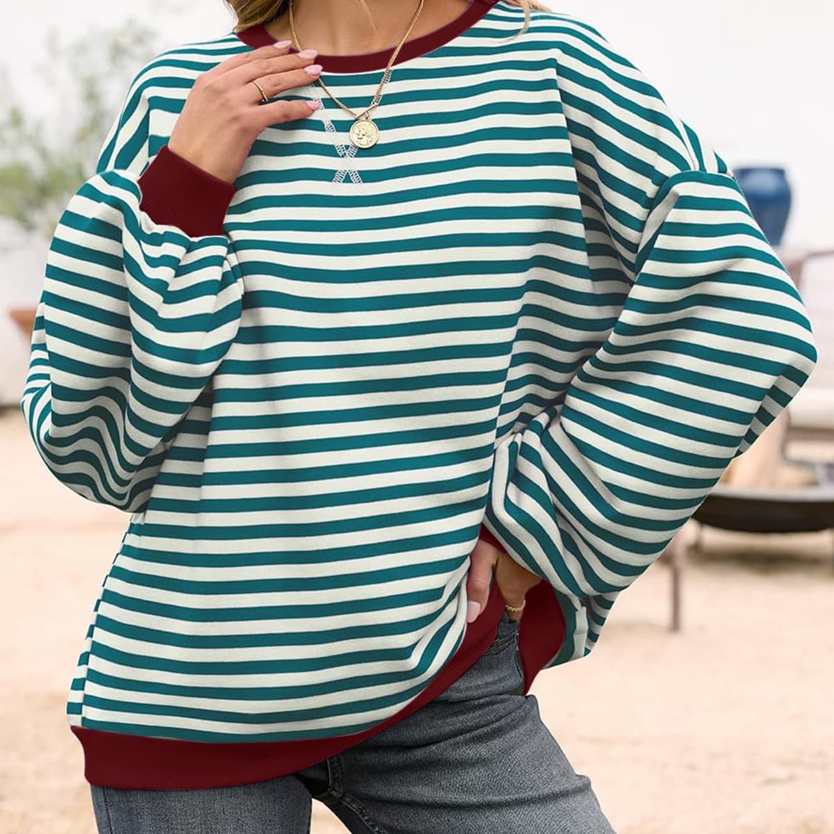 Sudadera de manga larga a rayas para mujer, casual, cuello redondo, con dobladillo de contraste en los puños — view 5