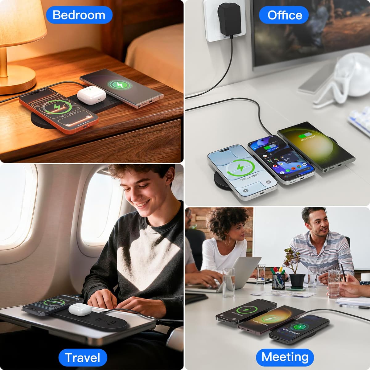 ZealSound 3-in-1 Wireless Charger Pad for Multi Devices - Ultra-Slim PU Leather Triple Wireless Charging Mat for Smartphones & Earbuds, Compatible with iPhones, AirPods, Galaxy Buds, Incl. 36W UK Plug — view 4