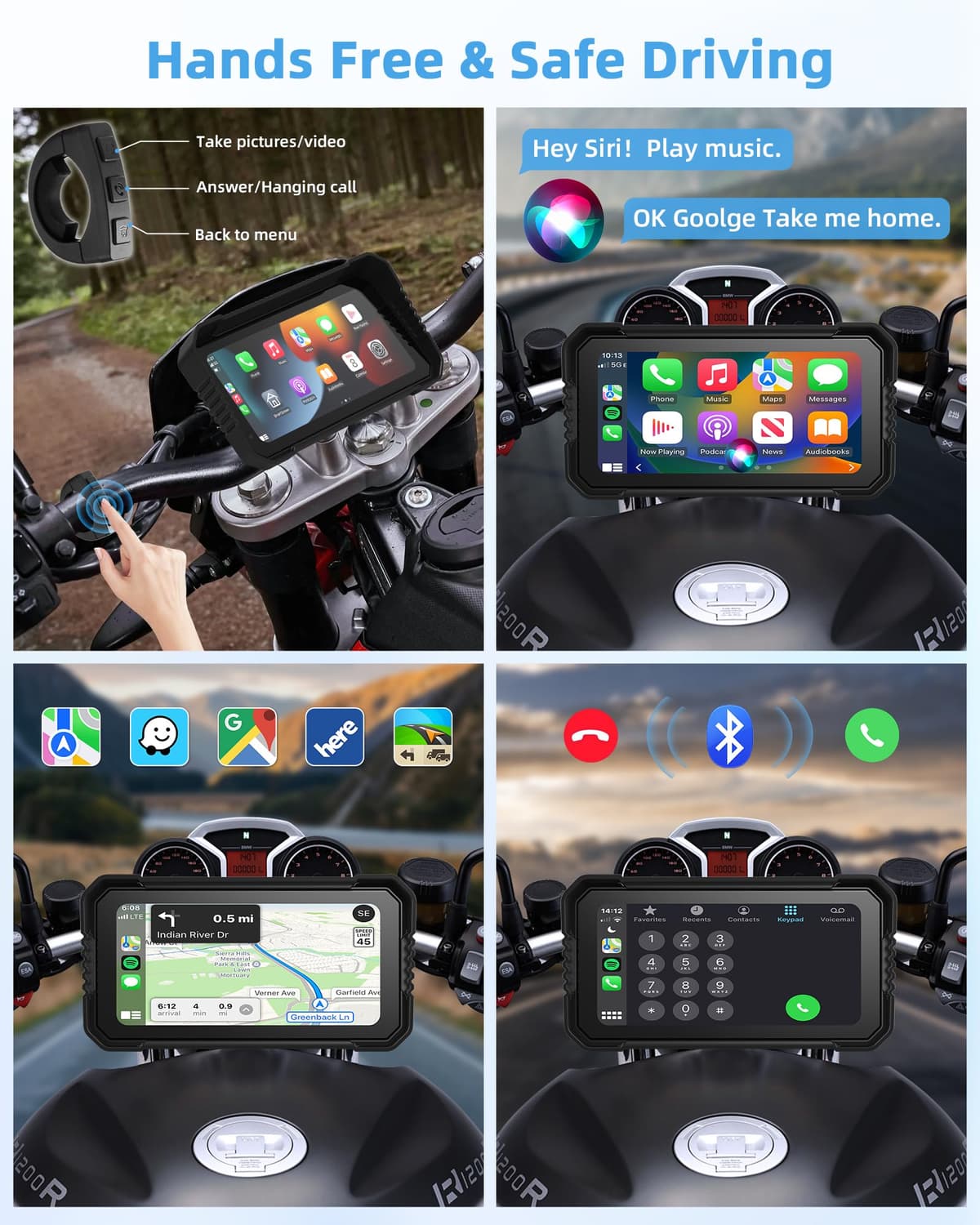4K Carplay Moto Android Auto 6.25 Pulgadas Pantalla TáCtil con Dashcam Delantera Trasera, Navegador GPS Moto Conectar y Usar IP67 Impermeable Doble Bluetooth Siri/Goo.gle Assistant — view 5