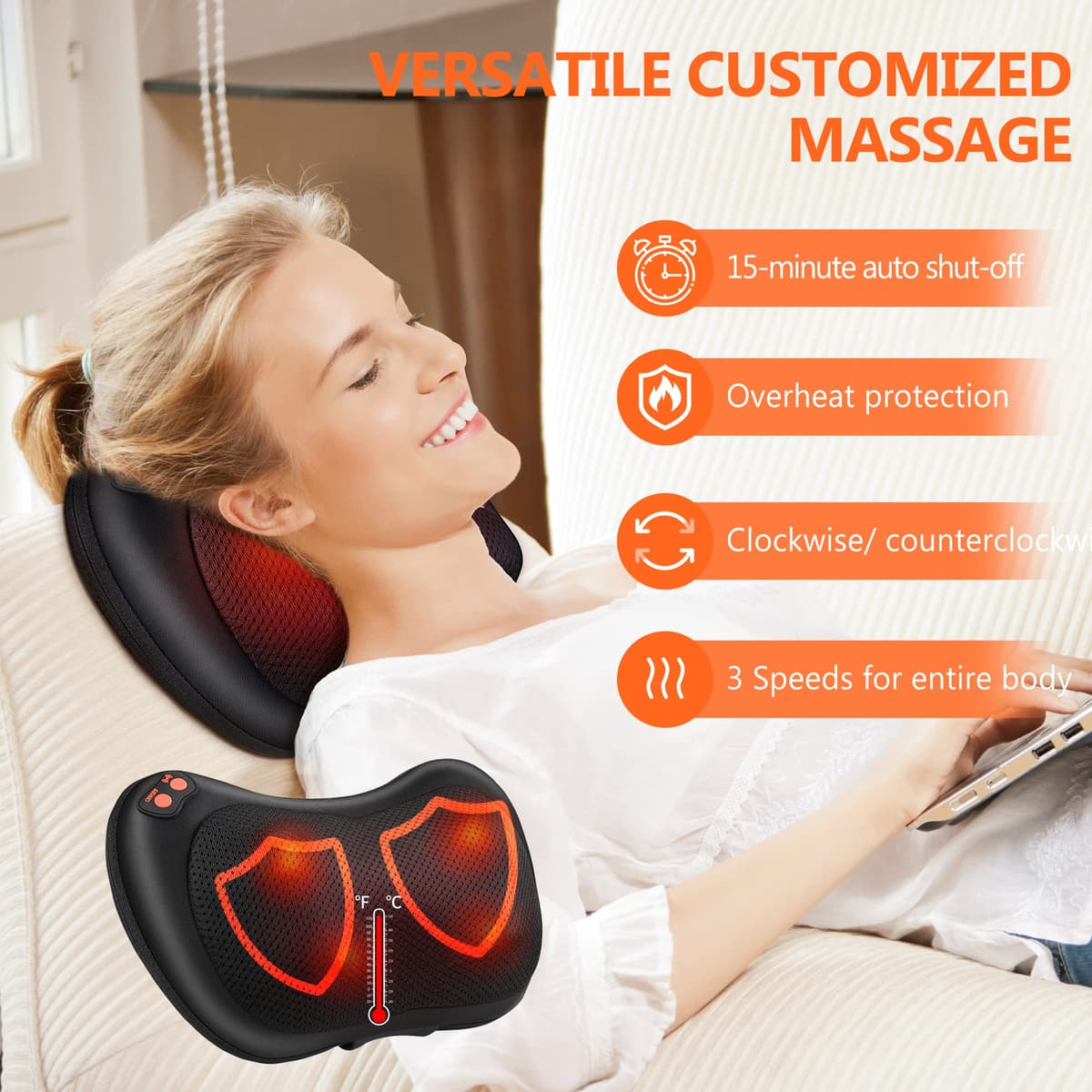 Cojín de Masaje Eléctrico Masajeador Almohada Masajeador Shiatsu con 3 Niveles de Tejidos para Cuello Hombros Espalda Piernas Pies Alivio del Dolor Muscular para Oficina Hogar — view 3
