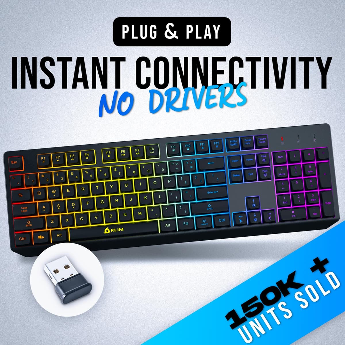KLIM Chroma Wireless Gaming Keyboard RGB New - Long-Lasting Rechargeable Battery - Quick and Quiet Typing - Water Resistant Backlit Wireless Keyboard for PC PS5 PS4 Mac - Black — view 2