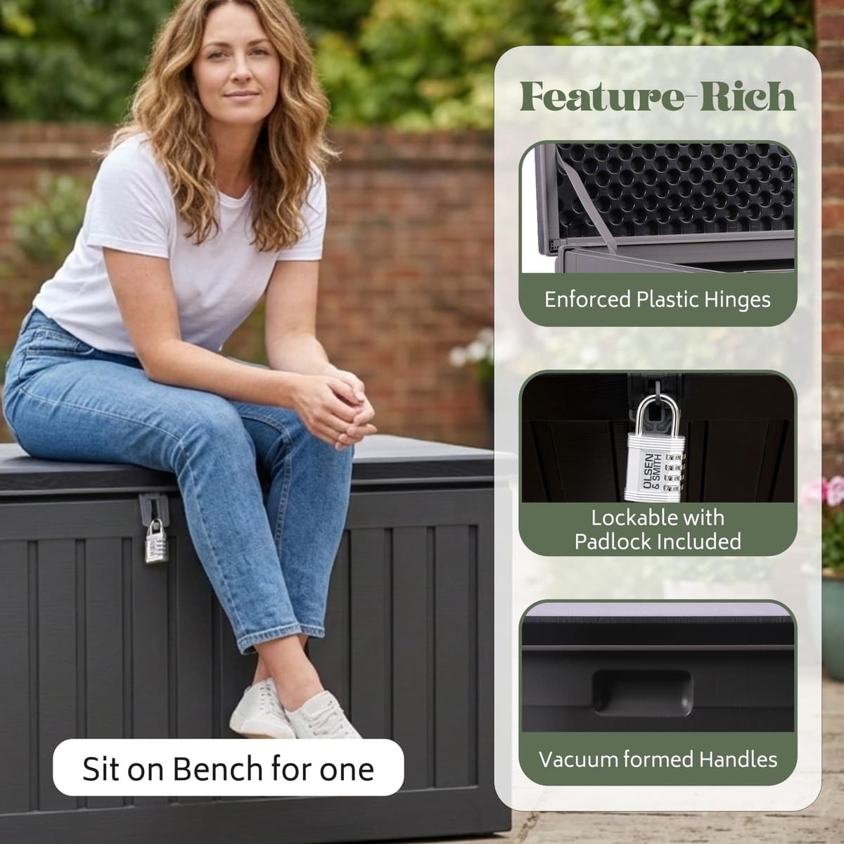 Olsen & Smith Lockable Outdoor Garden Plastic Storage Box Container Chest - Small Lawn Balcony Furniture, Weather Resistant, Wood Panel Effect (270L) — view 3