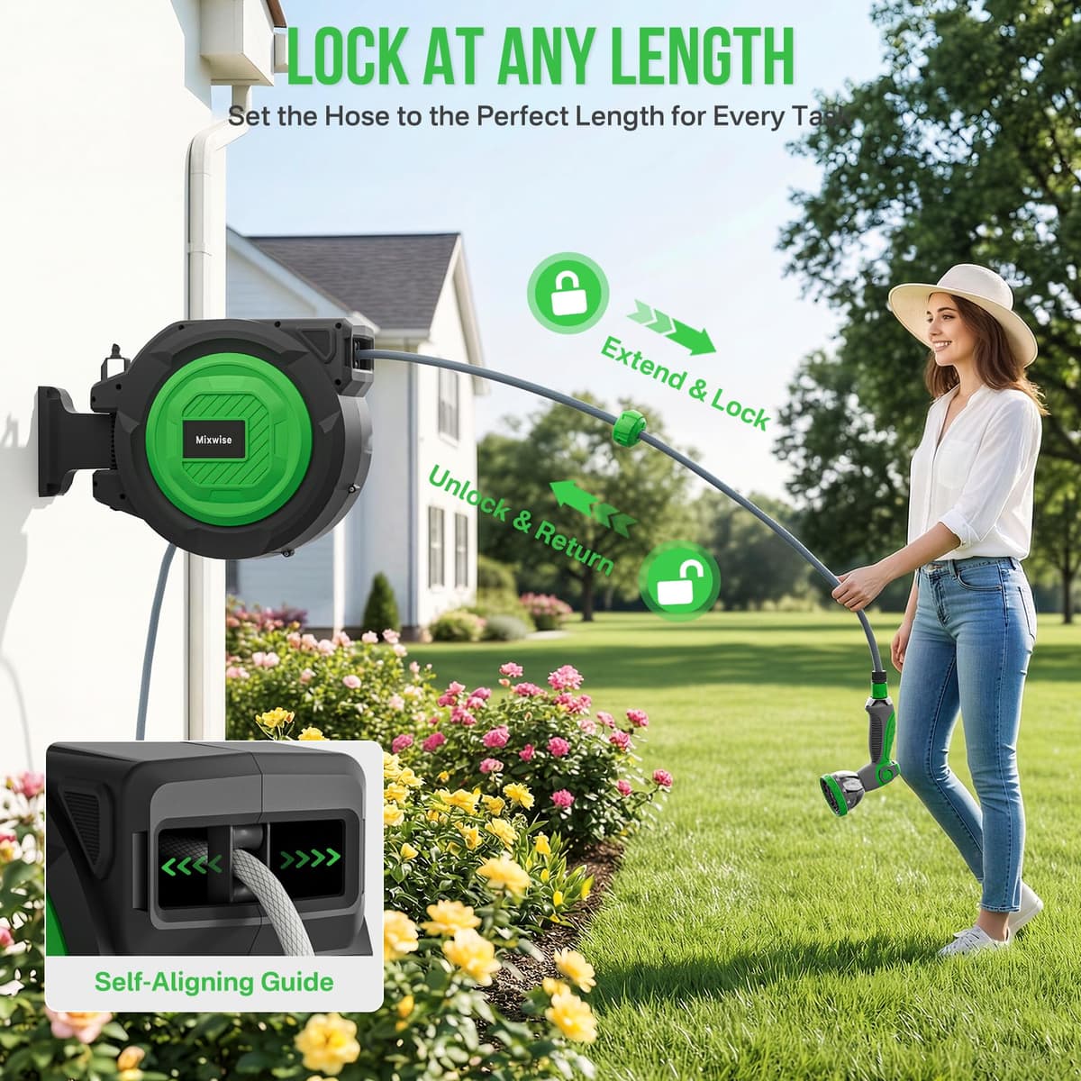 Retractable Garden Hose Reel, 1/2'' x 30m+2m Wall Mounted Hose Reel with 180° Swivel Bracket,10-Pattern Nozzle, Automatic Slow Return System, Any Length Lock, Hosepipes for Garden, Cleaning — view 4