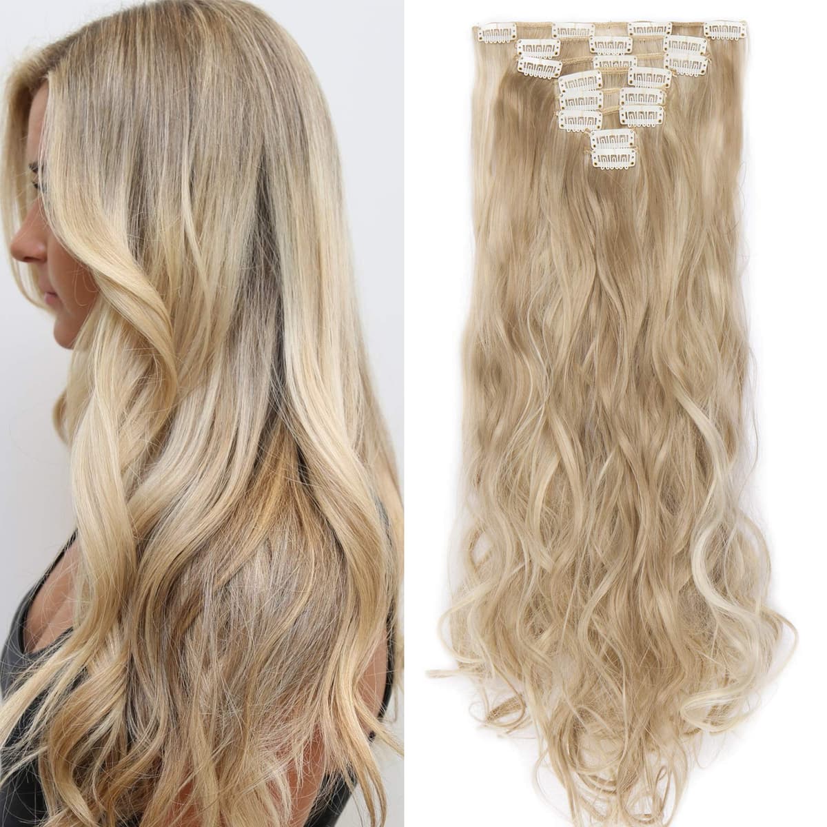 24"(60cm) SEGO Extensiones de Cabello Clip de Pelo Sintético Se Ve Natural 8 PCS [Sandy Rubio mezcla Blanqueador Rubio] Rizado Ondulado Largo Postizos Pelucas (140g)