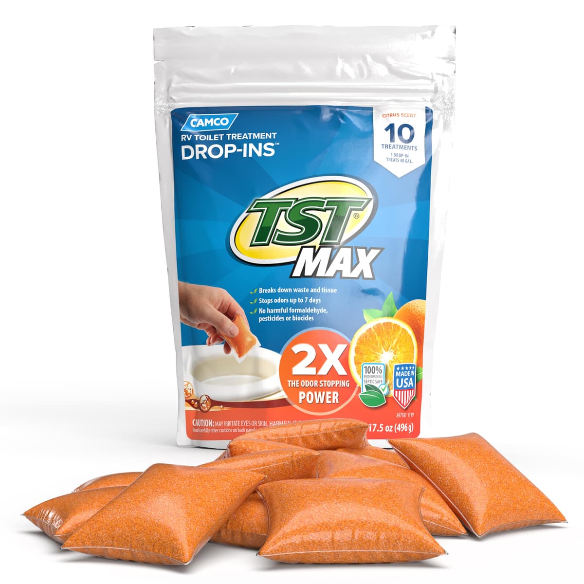 Camco TST MAX RV Toilet Treatment Drop-INs - Control Unwanted Odors & Break Down Waste and Tissue - Safe Septic Tank Treatment - Orange Scent, 30-Pack (41183) — view 15