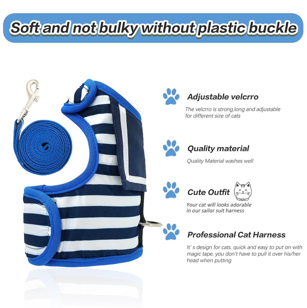 Escape Proof Cat Harness with Leash Large, Adjustable Cat Walking Jackets, Padded Cat Vest Sailor Suit Navy — view 4