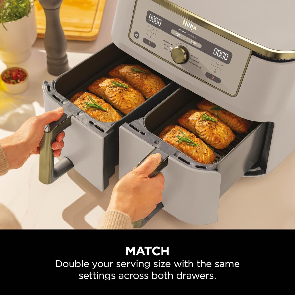 Ninja MAX Dual Zone Digital Air Fryer, 2 Drawers, 9.5L, 6-in-1, Uses No Oil, Air Fry, Max Crisp, Roast, Bake, Reheat, Dehydrate, Non-Stick, Dishwasher Safe Baskets, Stone Gold DZ400UKSTGD — view 4