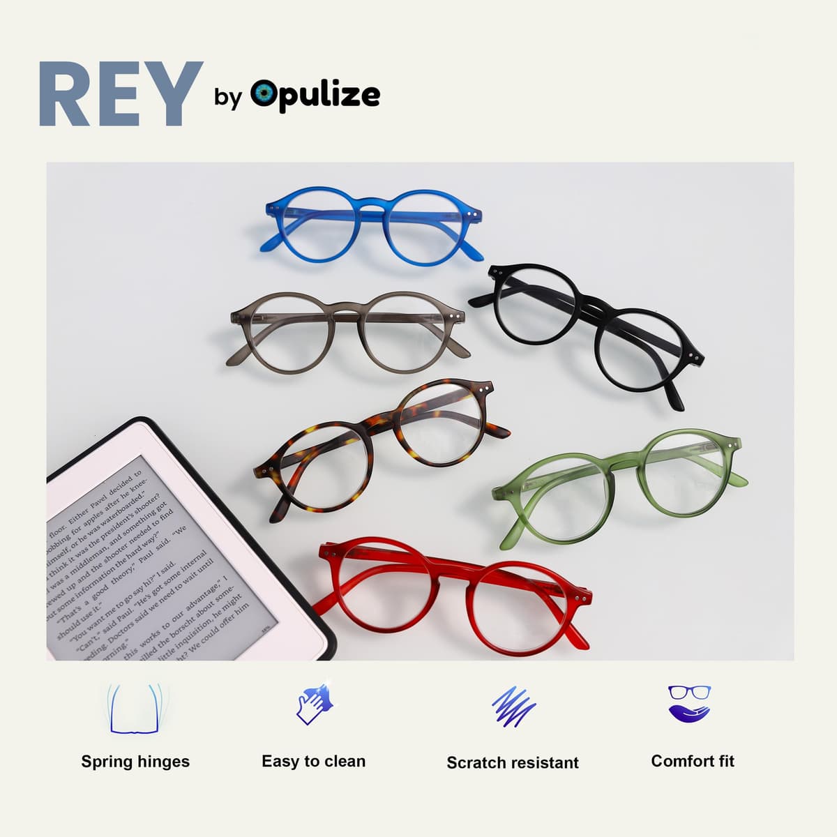 OPULIZE REY Gafas de Lectura - Pack de 3 - Montura Redonda Retro - Azul Mate, Verde, Rojo - Hombre Mujer - Bisagras de Muelle - RRR56-36Z - +1.00 — view 4