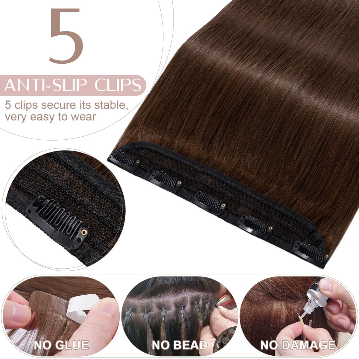 10"(25cm) SEGO Extensiones de Clip de Pelo Natural Humano [#4 Marrón Medio] Cabello 100% Remy [Una Pieza 5 Clips] 3/4 Cabeza Completa Postizos Pelucas Cortas (40g) — view 3