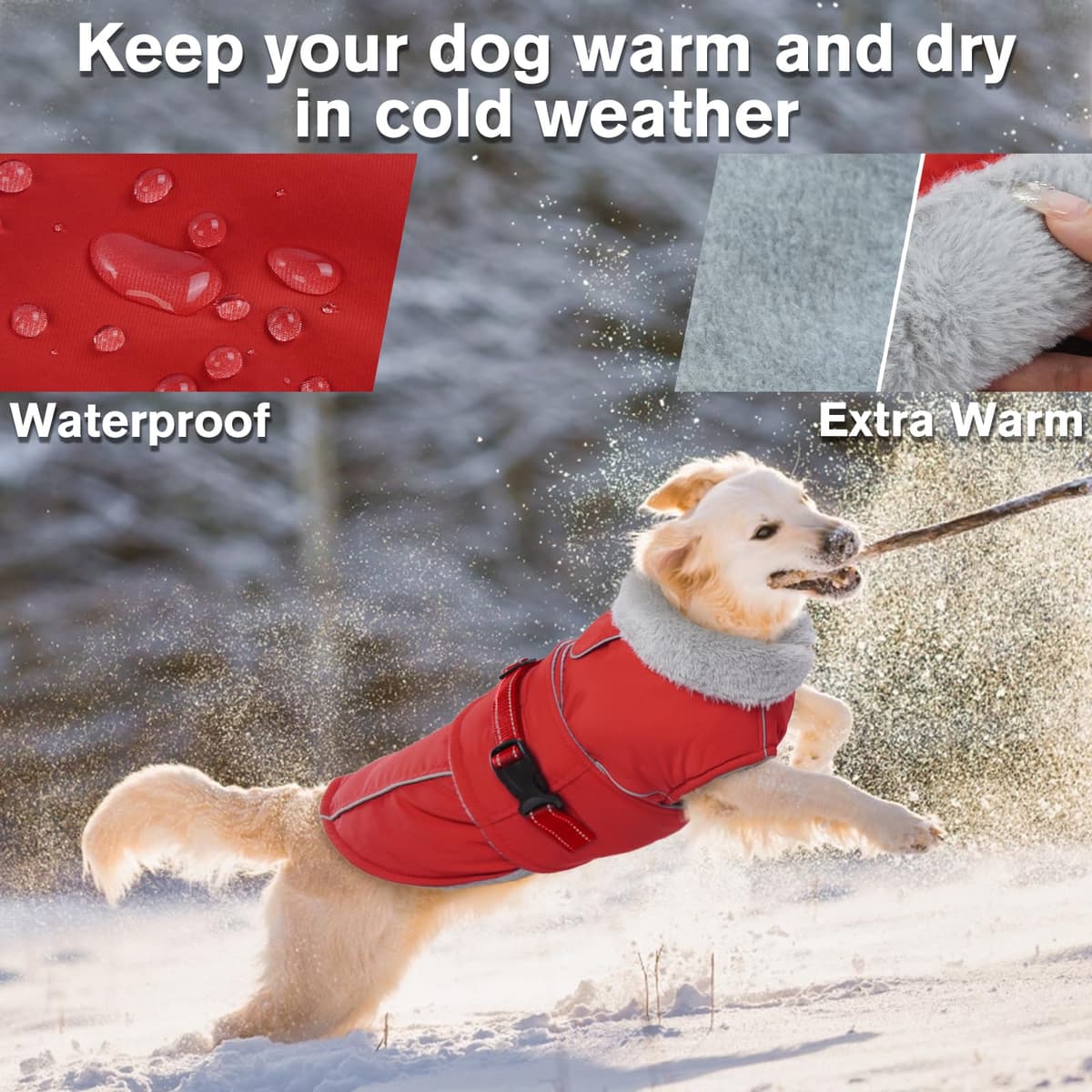 Lelepet Warm Coats and Jackets for Dogs, Waterproof Winter Dog Coat for Cold Weather, Reflective Dog Puffer Jacket, Fleece Lining Pet Coat with Harness Hole for Medium Dogs, Red M — view 2