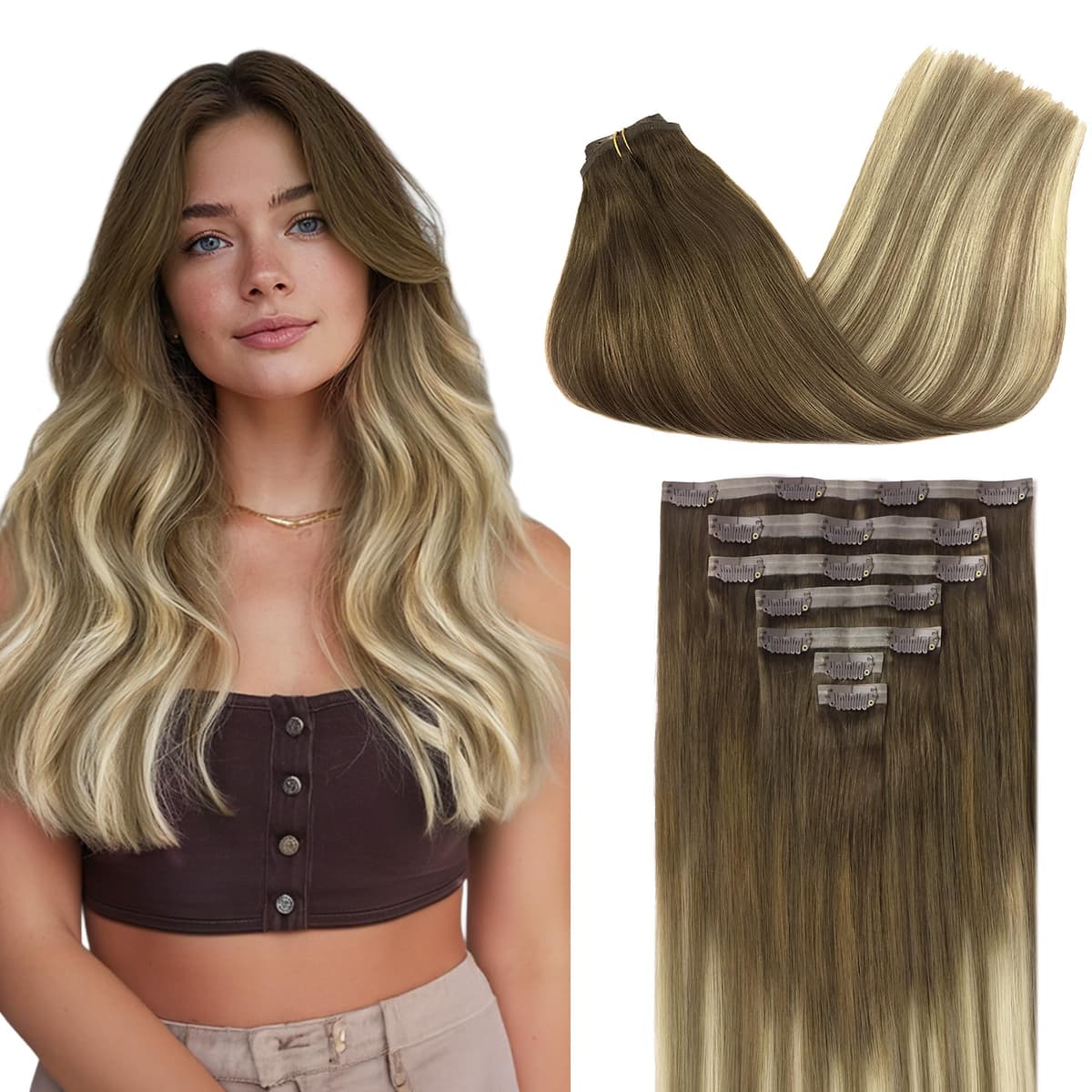 GOO GOO Clip in Hair Extensions Human Hair, 18inch 150g 9Pcs, #2 Dark Brown, Hair extensions for women, Human Hair Extensions Clip in — view 129