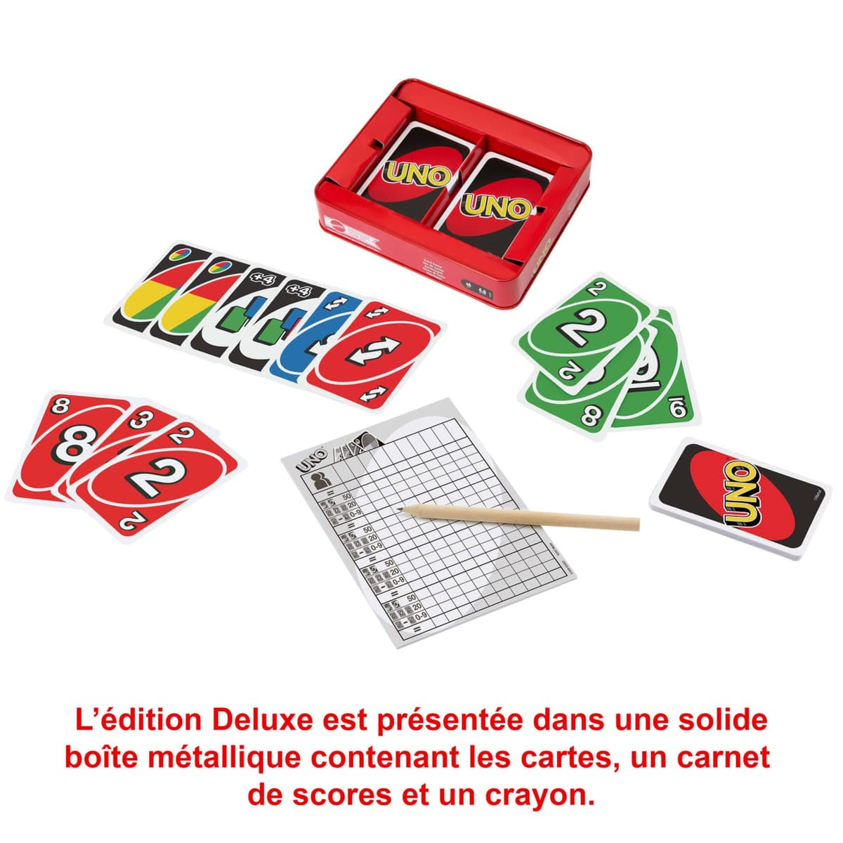 Mattel Games UNO Deluxe en Caja metálica, Juego de 108 Cartas para familias, niños y Adultos, 2-10 Jugadores, Partir de 7 años, (Mattel K0888) — view 3