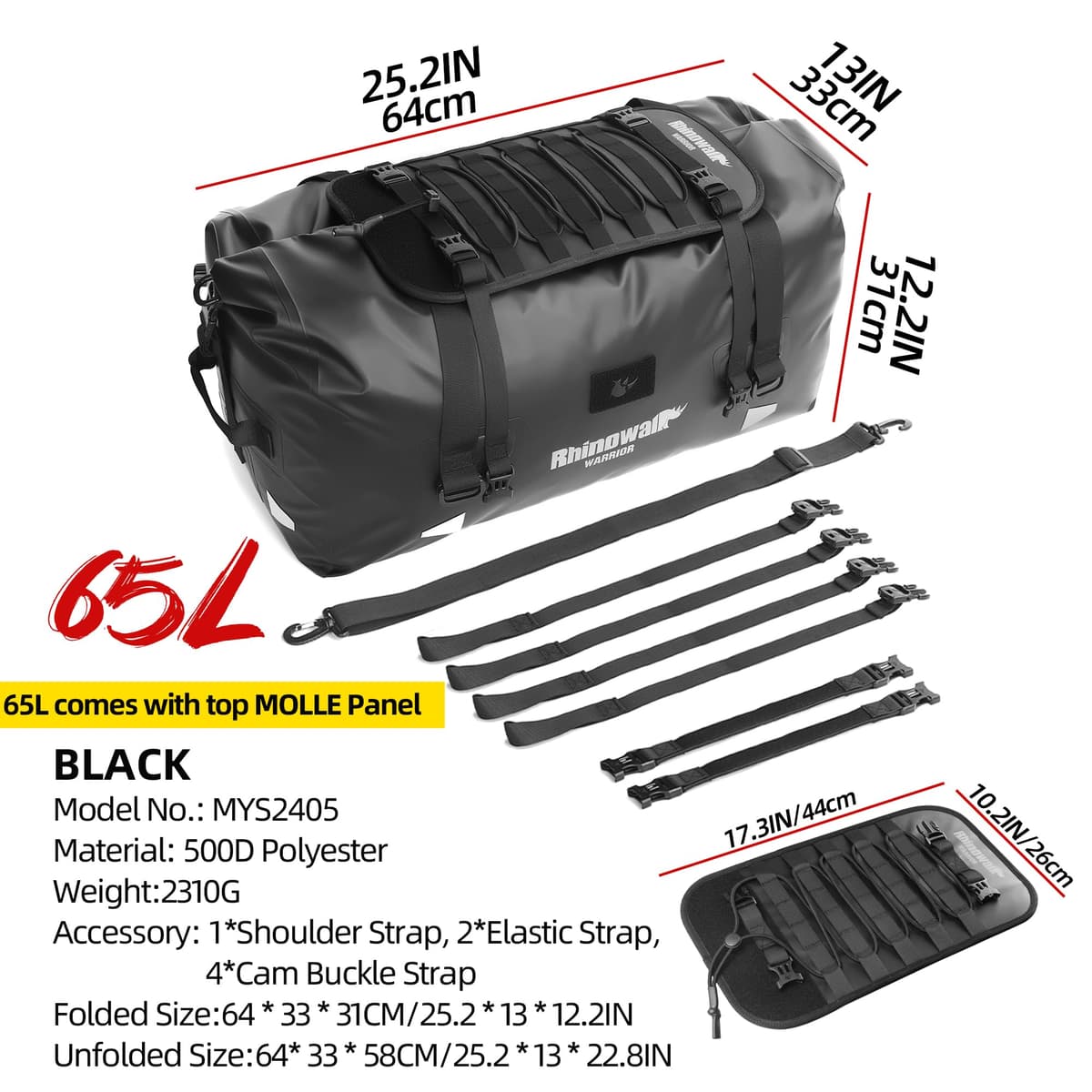 Bolsa trasera impermeable para motocicleta, 20 L, 40 L, 65 L, para asiento trasero enrollable (65 L) — view 3