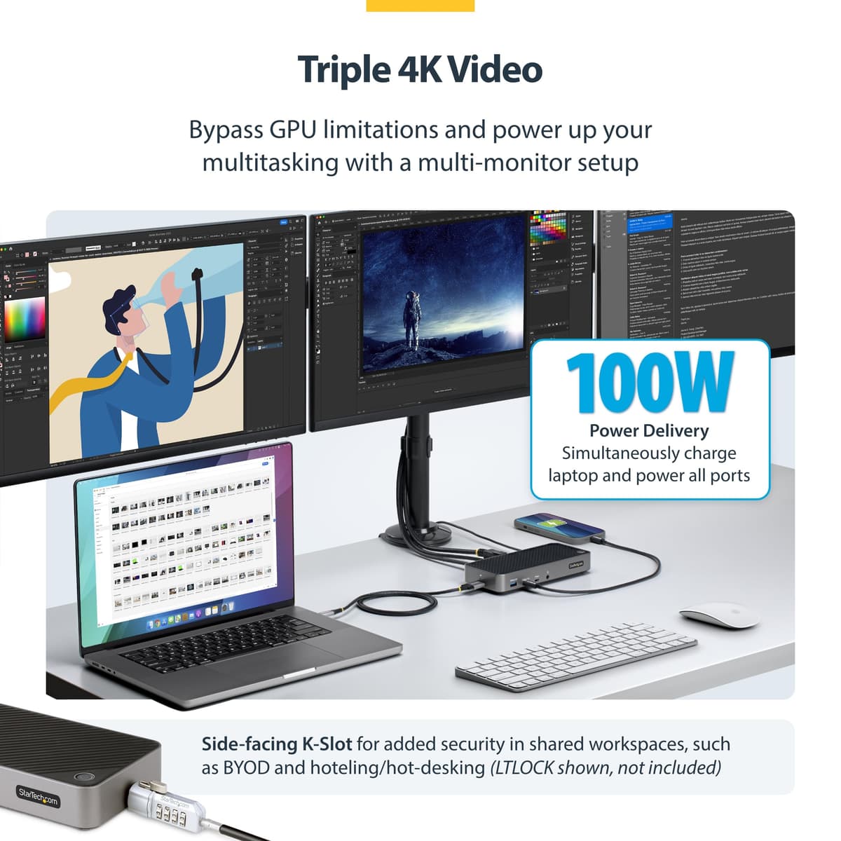 StarTech.com USB-C Triple Monitor Docking Station for MacBook Pro / Air M1 M2 M3 M4 & Windows, Universal 4K HDMI DP Dock, Thunderbolt Compatible, 100W Laptop Charging (116U-USBC-DOCK) — view 3