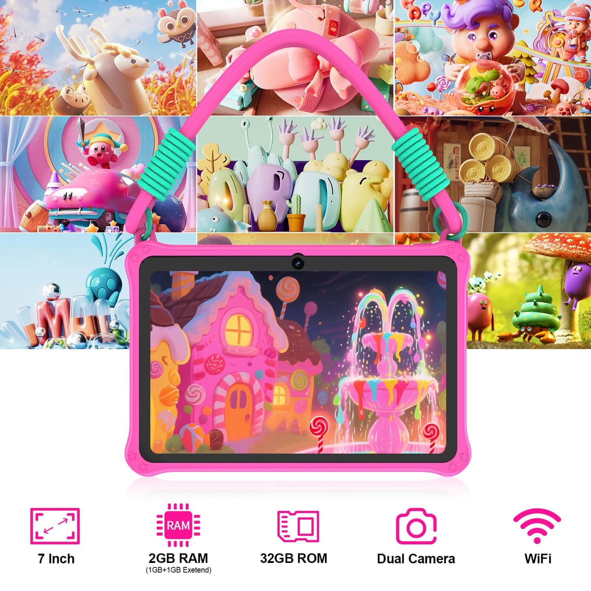 GOZZGEAR Android 13 Kids Tablets 7 inch for Toddler, Parental Control, Free Kids APP, 32GB, Expandable 512GB, 3500Mah, WiFi Dual Camera with Eye Protection, Pink — view 3