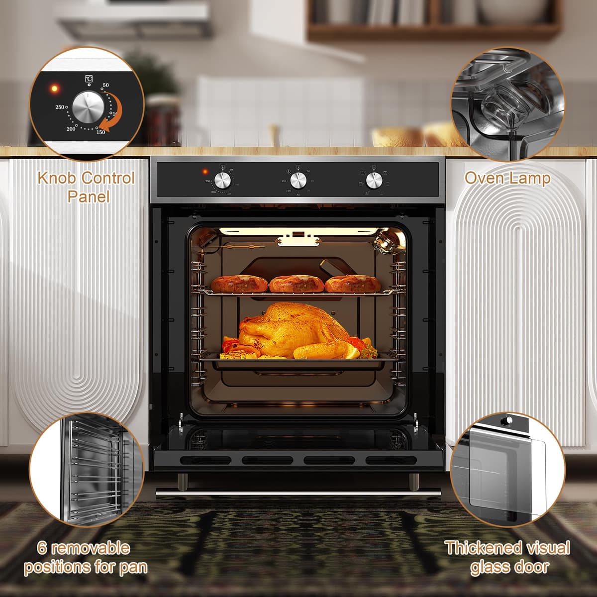 Karinear Electric Oven 60L Built in Knob Control 6 Functions 2200W Plug and Play 220V 60cm Wide Black with 120 Timer — view 4