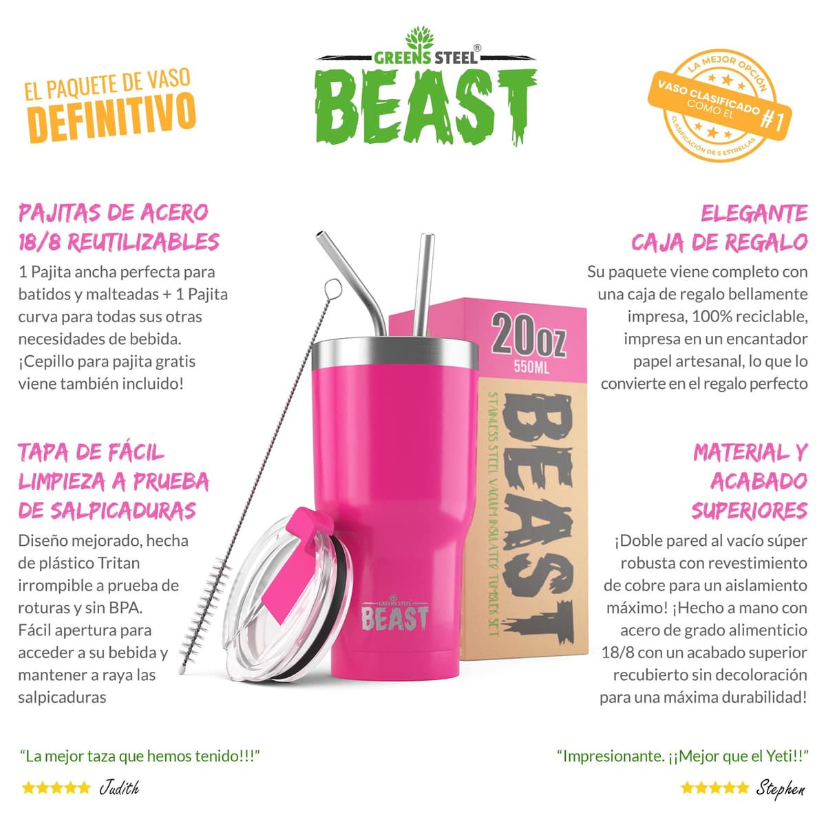 Greens Steel Beast Tumbler – 550 ml (20 oz), Rosa Ponqué | Vaso de acero inoxidable reutilizable con aislamiento al vacío | con 2 pajitas y cepillo de limpieza | Termo de viaje de doble pared — view 3