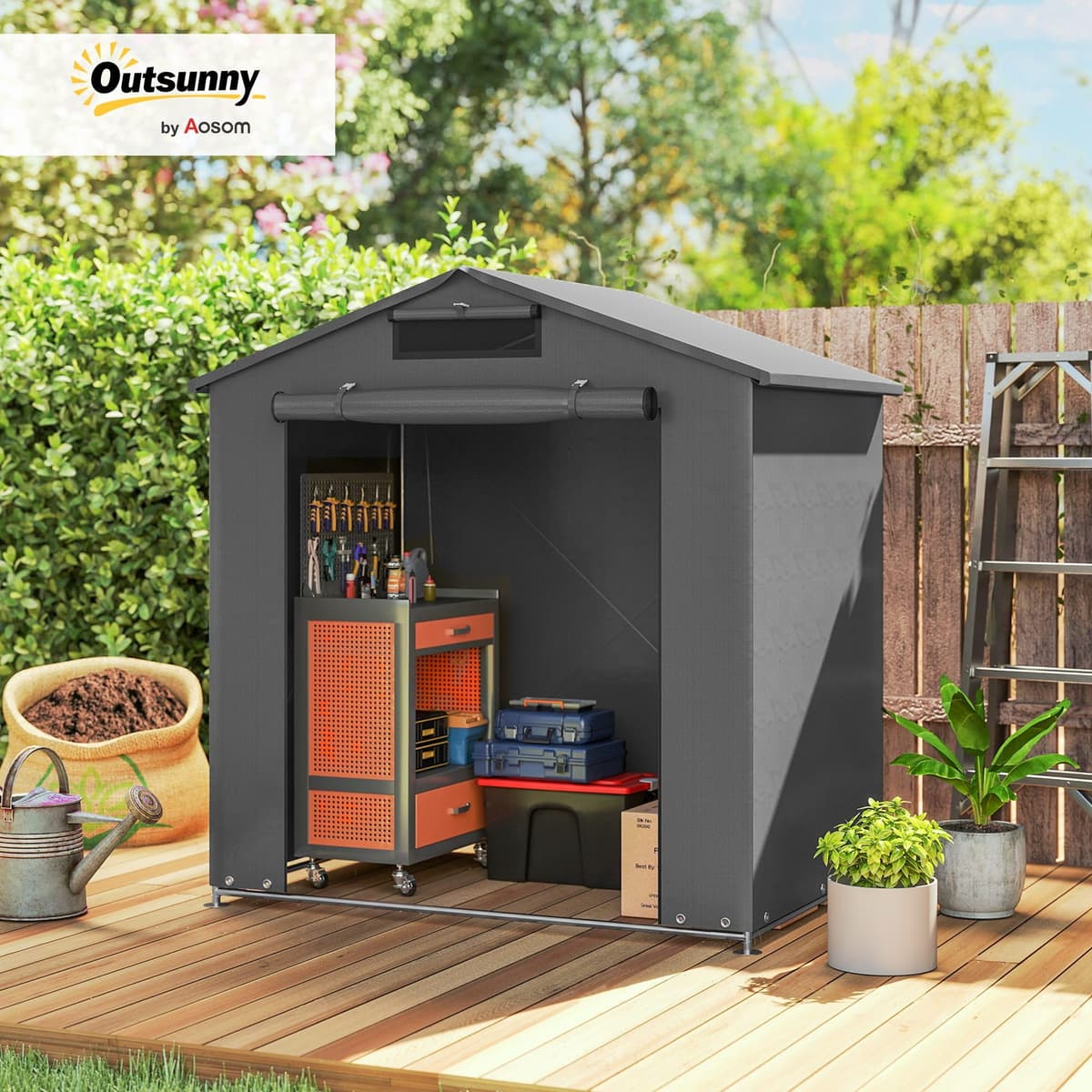 Outsunny 6 x 4 ft Outdoor Garden Storage Shed, Waterproof Bike Tent with Vent and Roll-Up Zipper Door,Outdoor Portable Shed Storage Shelter for Bikes, Dark Grey — view 2