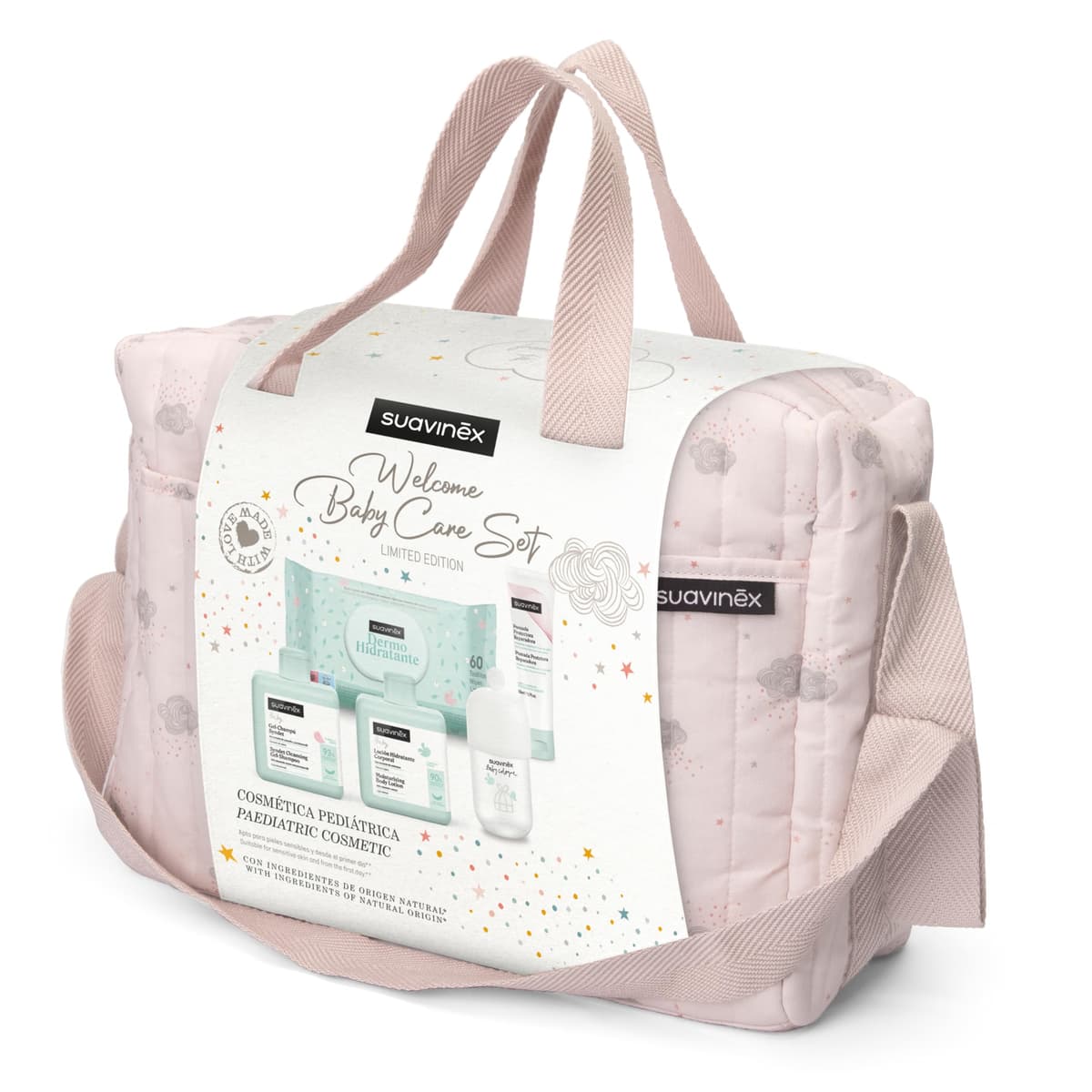 Suavinex, Bolso Carro Bebé con Cosmética: Gel Champú Syndet 300 ml + Loción Hidratante 300 ml + Pomada Pañal 50 ml + Baby Cologne 100 ml + Toallitas 60 Uds. Regalo Recién Nacido, Canastilla Bebé, Rosa — view 2