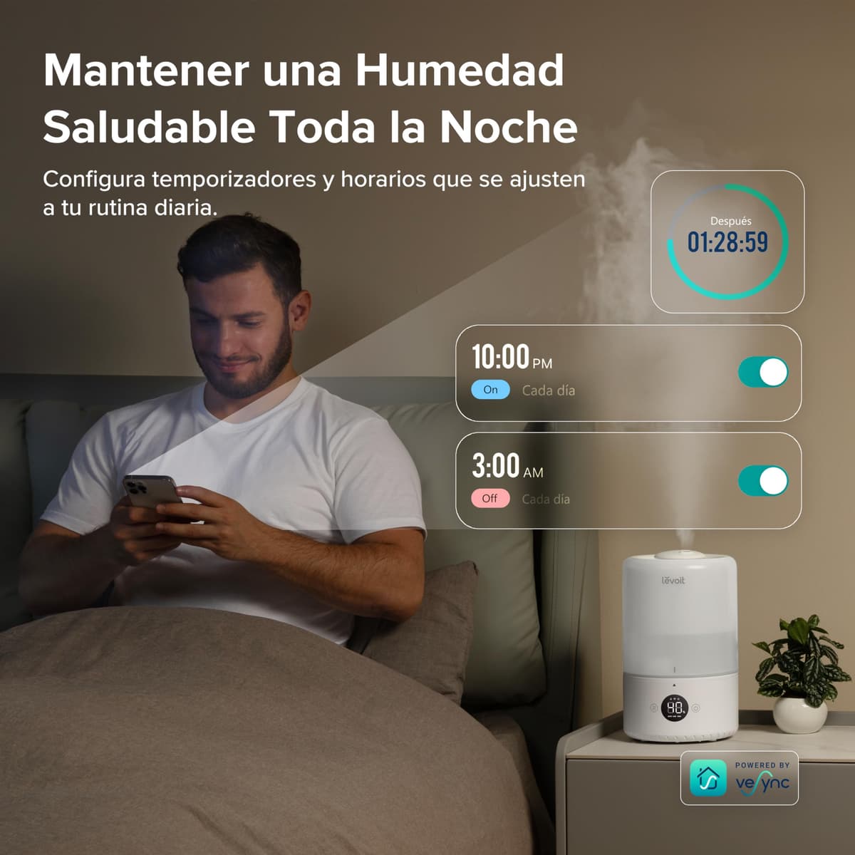 LEVOIT Humidificador Inteligente de Niebla Fría para Habitación y Bebé con Sensor, Control por APP y Voz, Difusor Aceites Esenciales, Temporizador a Cuarto,＜28dB, 3L Top-Fill, Blanco — view 9