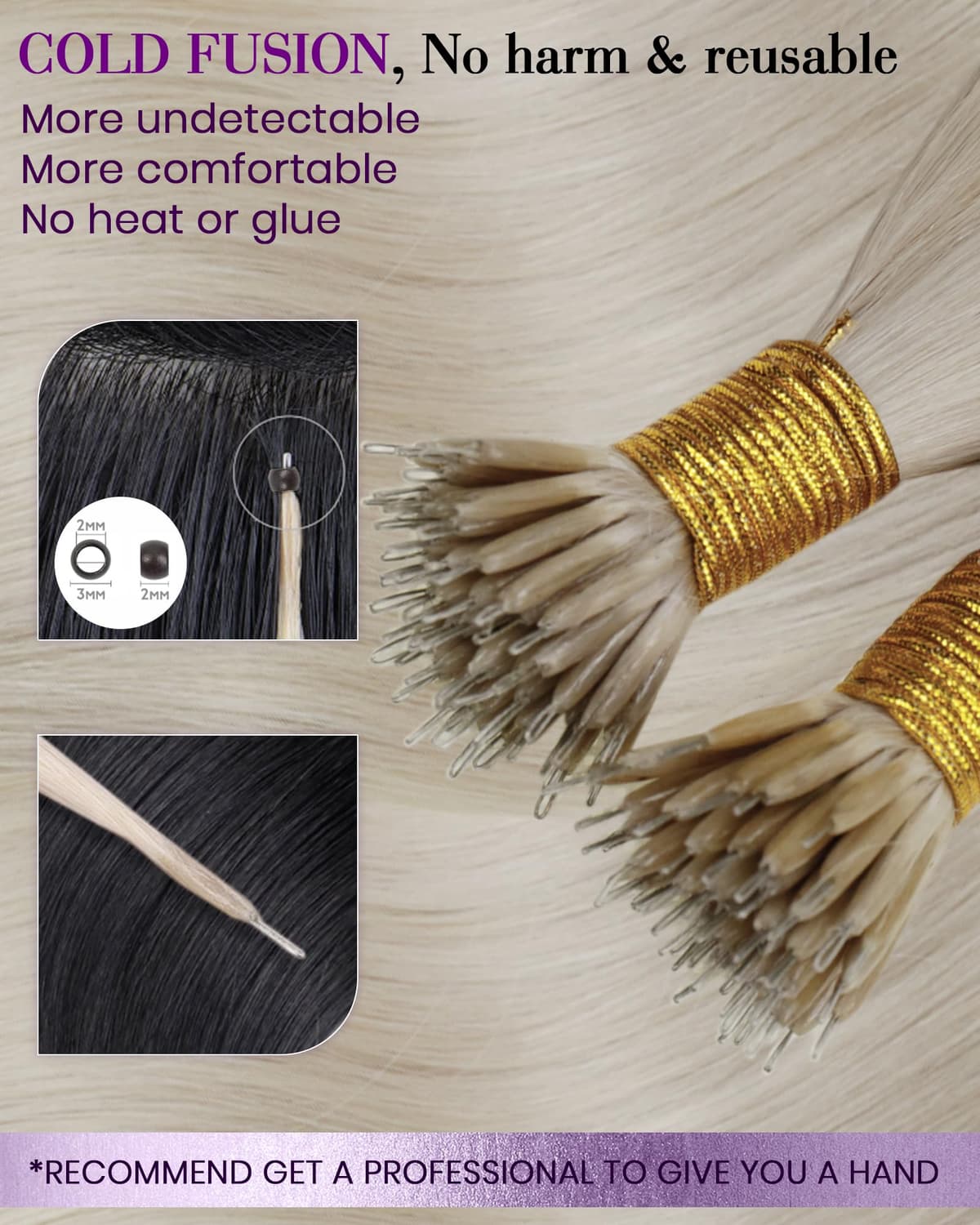 LaaVoo Nano Hair Extensions Real Human Hair Blonde Nano Beads Hair Extensions Platinum Blonde Invisible Nano Ring Straight Remy Hair 50g 50s 14 Inch #60 — view 3