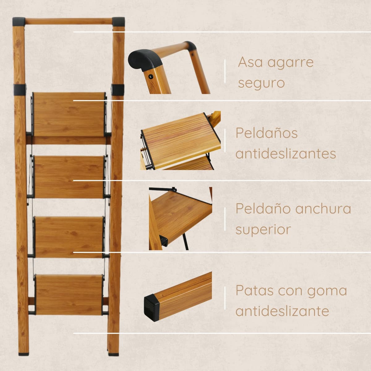Escalera Plegable de Aluminio Efecto Madera para hogar, 4 peldaños, peldaños Anchos Antideslizantes, EN 131 — view 4