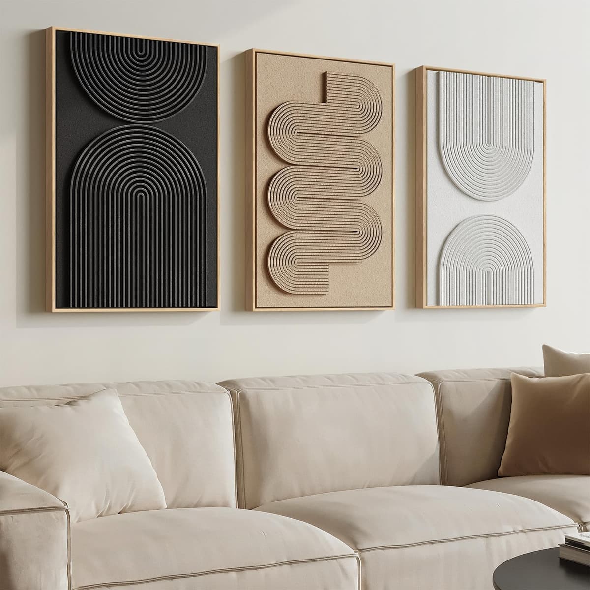 Large 3D Textured Framed Abstract Wall Art for Living Room, 3 Piece Modern Paintings Artwork for Walls, Black White Brown Geometric Sandstone Texture Pictures for Hallway Office Home Decor 24x36 In — view 46