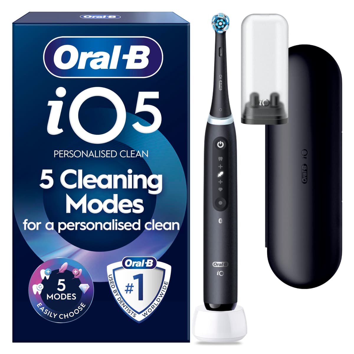 Oral-B iO5 Electric Toothbrushes For Adults, 1 Toothbrush Head and Travel Case, 5 Modes With Teeth Whitening, 2 Pin Plug, Black