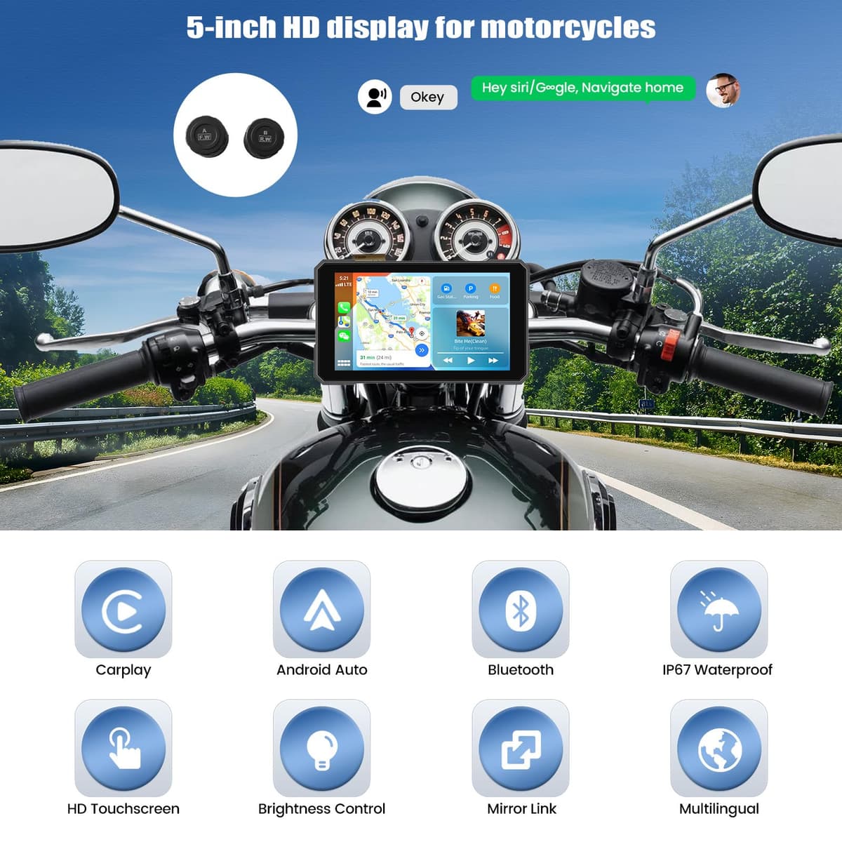 CAMECHO Motorrad CarPlay mit Dual-Kameras, 8.1“ Wireless CarPlay & Android Auto IPS68 Bildschirm, Motorrad navi Unterstützung Bluetooth/Mirror-Link/Bluetooth/EQ/Druckdetektion — view 2