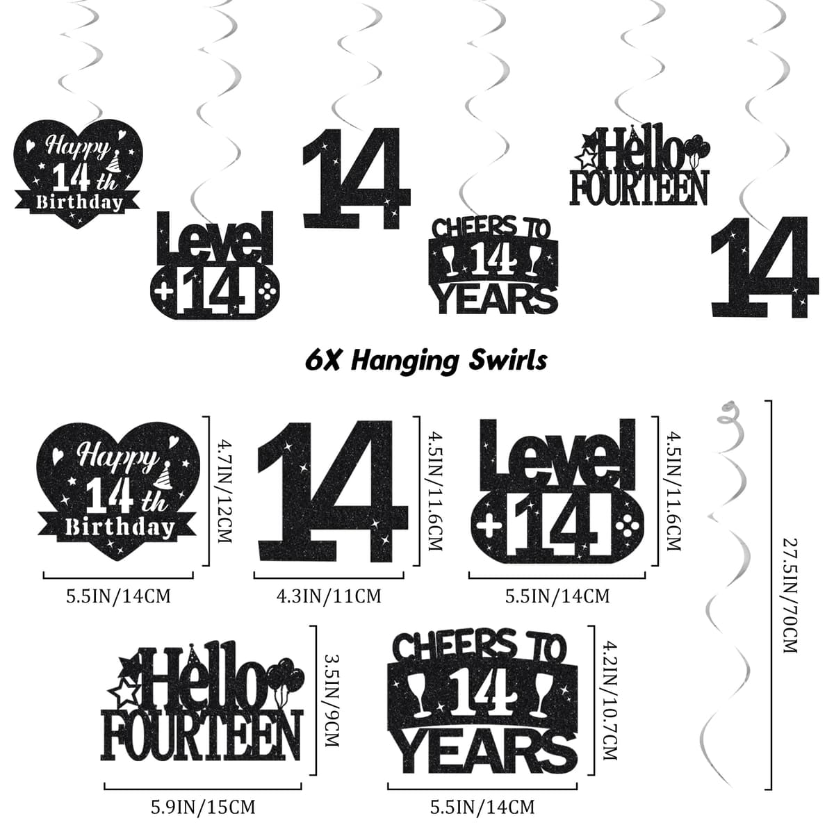14th Birthday Decorations for Boys Girls - Black Silver Glitter Happy 14th Birthday Letter Banner and Pennant Flags, Number 14 Foil Balloons and Hanging Swirls for 14 Years Old Children Party Supplies — view 3