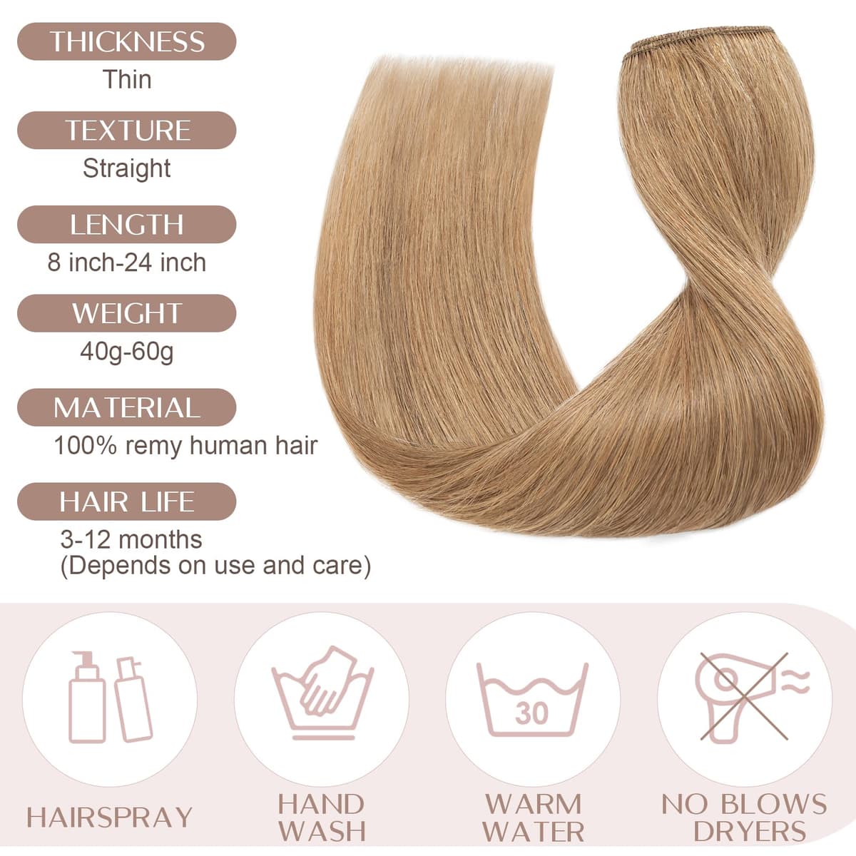 16 inches SEGO One Piece Hair Extensions Clip in Human Hair [#27 Dark Blonde] Real Remy Hairpieces for Women 3/4 Full Head Straight Invisible (45g) — view 6