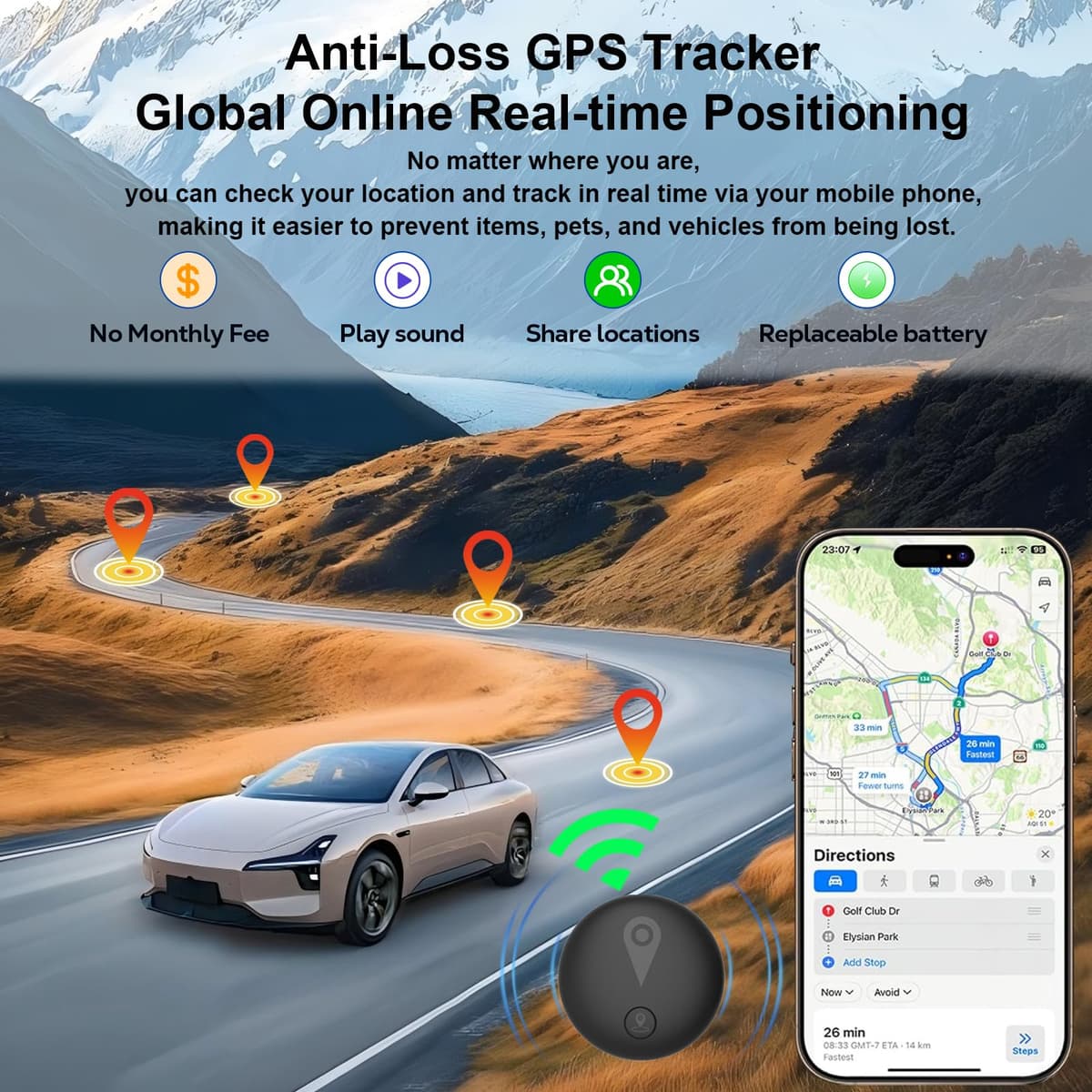 Car GPS Tracker,Magnetic Mini Vehicle Tracker (Compatible with iOS & Android),Real Time Vehicle Tracker,No Monthly Fee,IP68 Waterproof,Car Tracking Device for Car, Truck,Kids,bike,Global Coverage — view 3