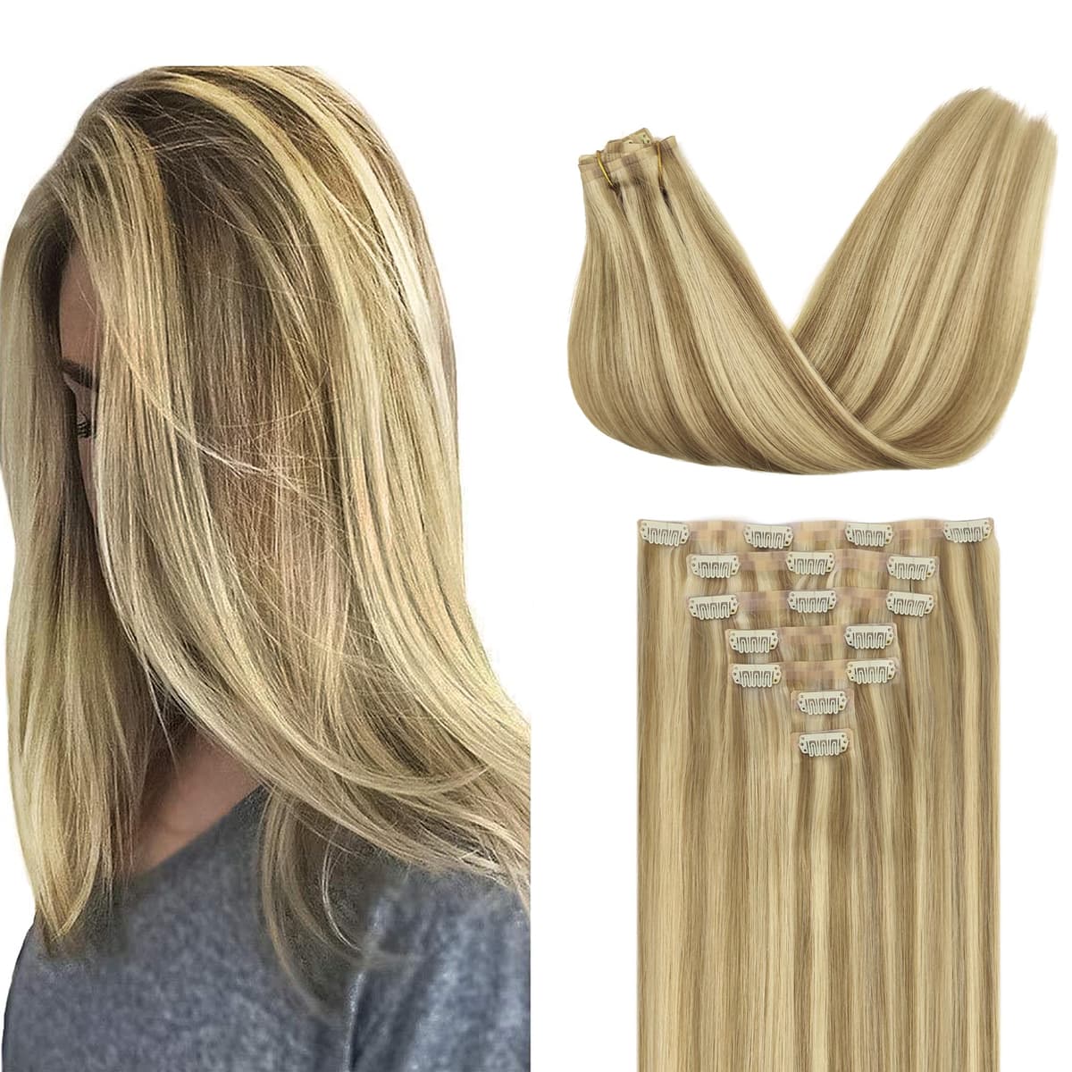 GOO GOO Clip in Hair Extensions Human Hair, 18inch 150g 9Pcs, #2 Dark Brown, Hair extensions for women, Human Hair Extensions Clip in — view 144