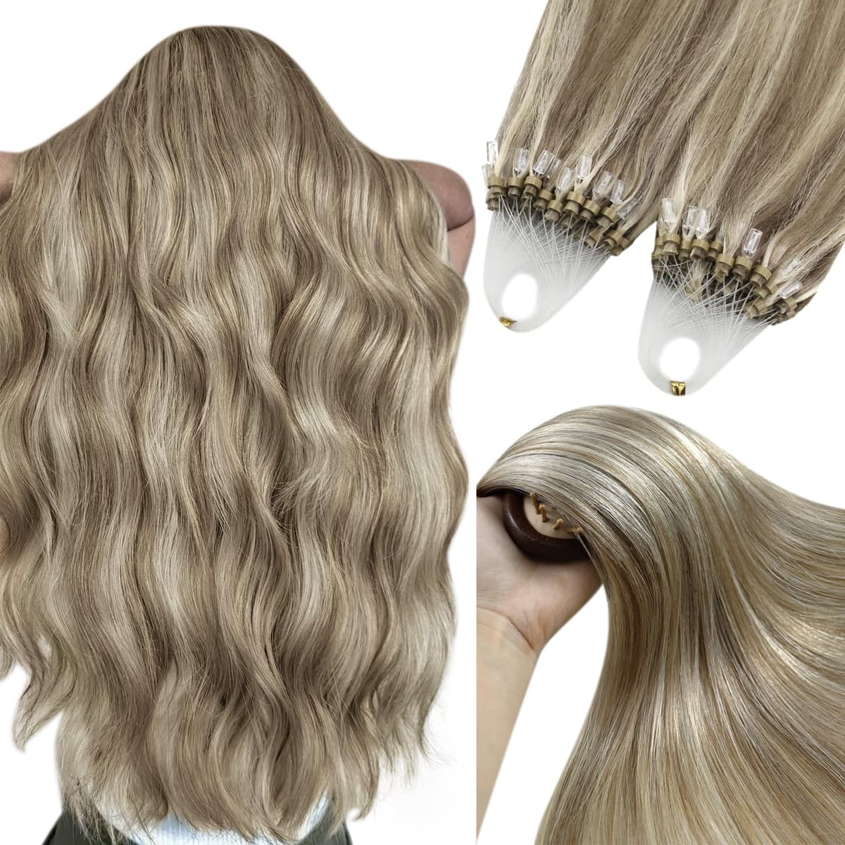 YoungSee Nano Hair Extensions Blonde 16inch Nano Beads Hair Extensions Warm Ash Blonde Highlight Bleach Blonde Nano Ring Hair Extension Highlight for School Soft Cold Fusion 50s 50g — view 26