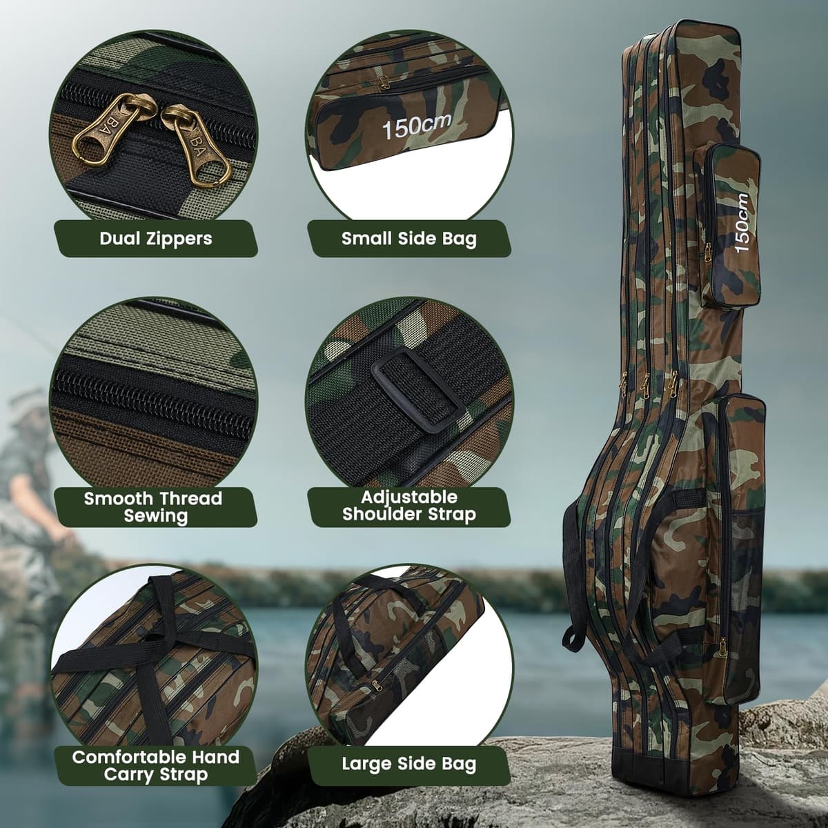 Lomffy Bolsa para Caña de Pescar Portátil, 150cm Plegable Alta Capacidad Bolsa de Almacenamiento para Caña de Pescar con 3 Capas Impermeable Duradero Bolsa de Transporte para Caña de Pescar (Marrón) — view 4