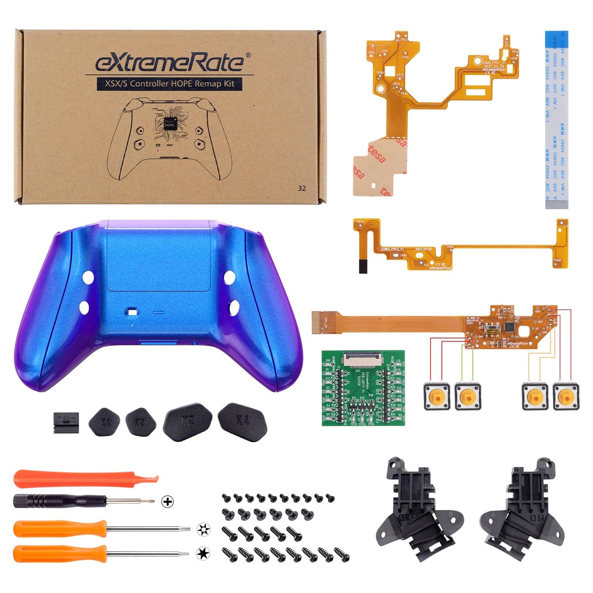 eXtremeRate HOPE Programable Remap Kit para Xbox Series X/S Mando Actualización Board & Carcasa Trasera & Agarre & Botones Posteriores para Xbox Series S/X Control-No Incluye Mando(Azul a Violeta) — view 3