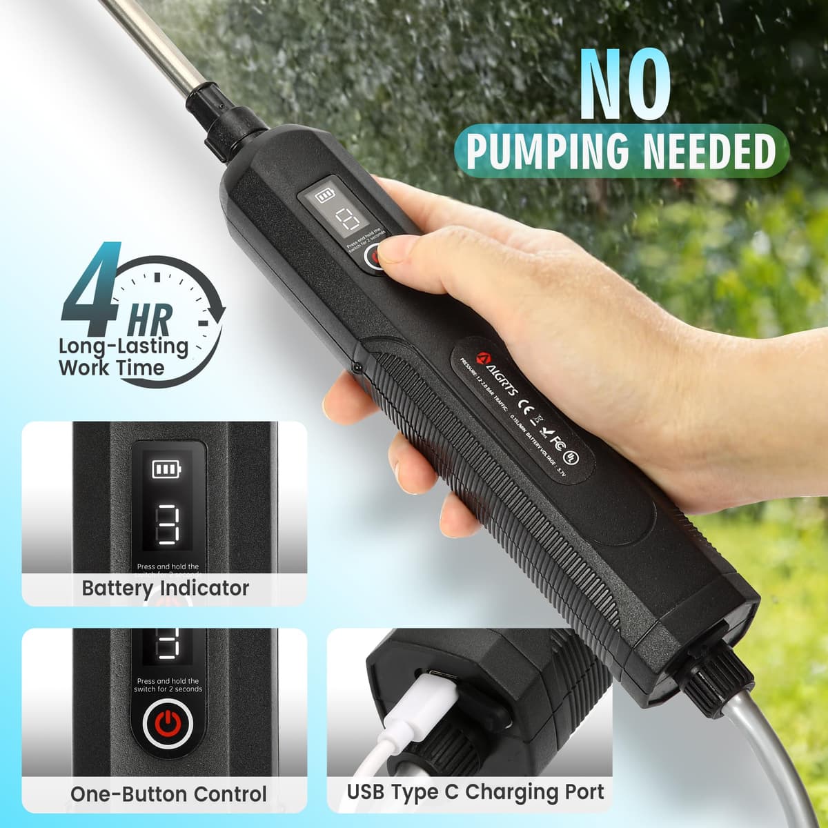 BesWin Battery Powered Sprayer 8L, Rechargeable Electric Garden Sprayer with 3 Speeds Displayed, Battery Indicator, 4 Mist Nozzles, Retractable Wand,Adjustable Shoulder Strap for Lawn Garden and Patio — view 4