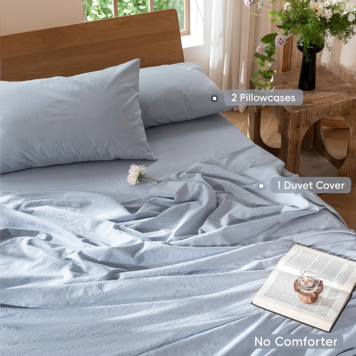MooMee Bedding Duvet Cover Set 100% Washed Cotton Linen Like Textured Breathable Durable Soft Comfy (Tannish Linen Grey, King) — view 200