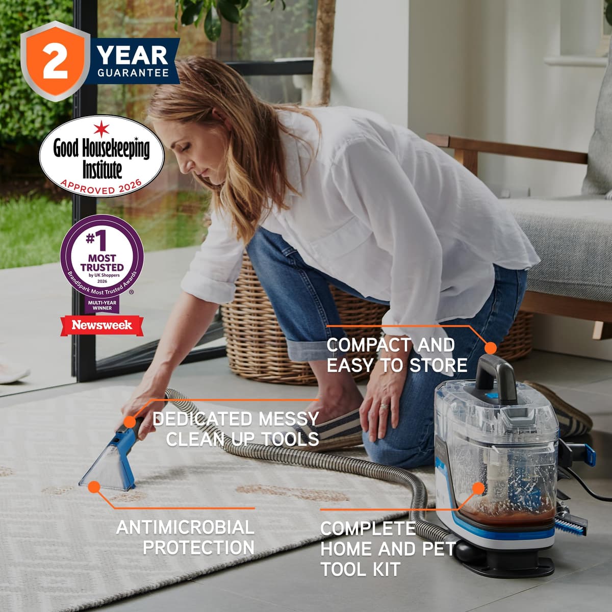 Vax SpotWash Home Duo Spot Cleaner, Stain, Car, Upholstery, Sofa and Carpet Cleaning Machine, Included Pet Tool and Antibacterial Solution Removes Spills, White/Blue, CDSW-MPXP — view 2